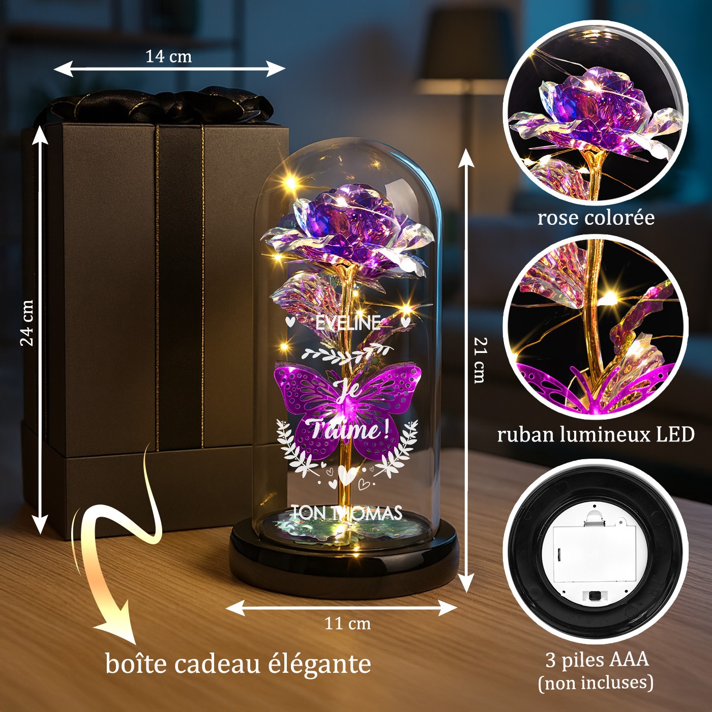 Ros Eterna Violeta de Murrano bajo Domo de Vidrio con Grabado y Luz LED para Esposa en el Día de San Valentín