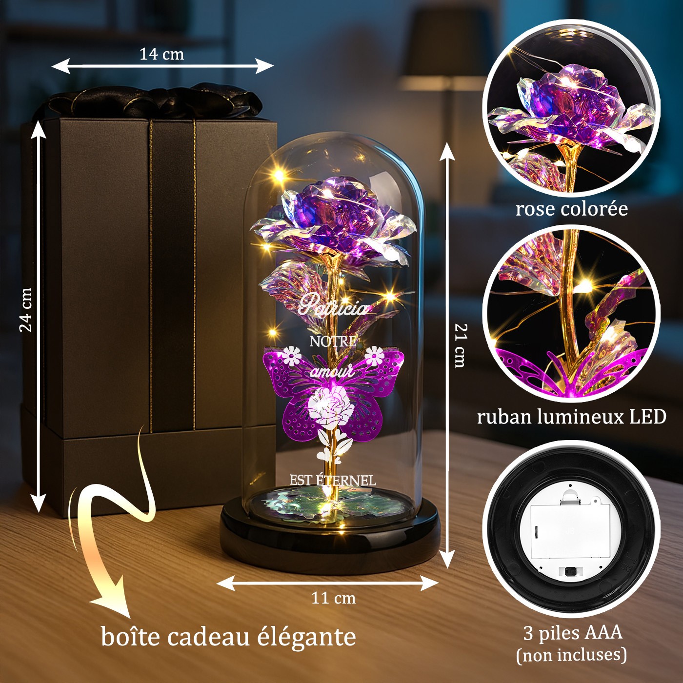 Rosa Eterna Púrpura Personalizada en Domo de Vidrio con Luz LED para Mujer - Regalo de Aniversario de Boda