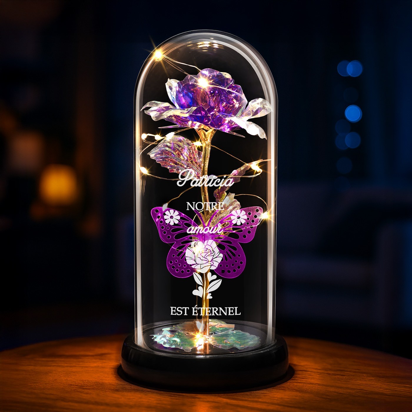 Rosa Eterna Púrpura Personalizada en Domo de Vidrio con Luz LED para Mujer - Regalo de Aniversario de Boda