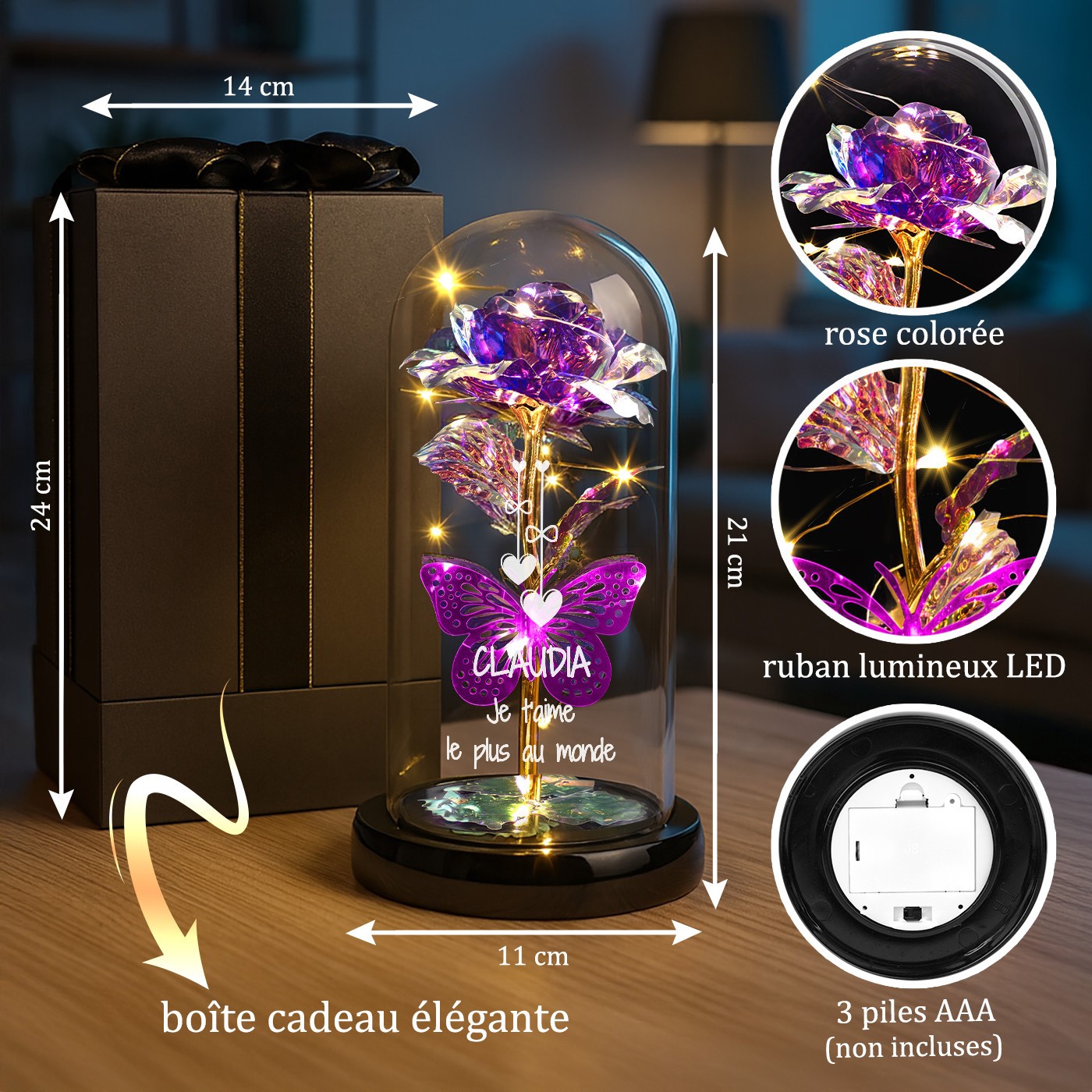 Rose Éternelle Violette Murrano sous Domine de Verre avec Lumière LED pour la Saint-Valentin