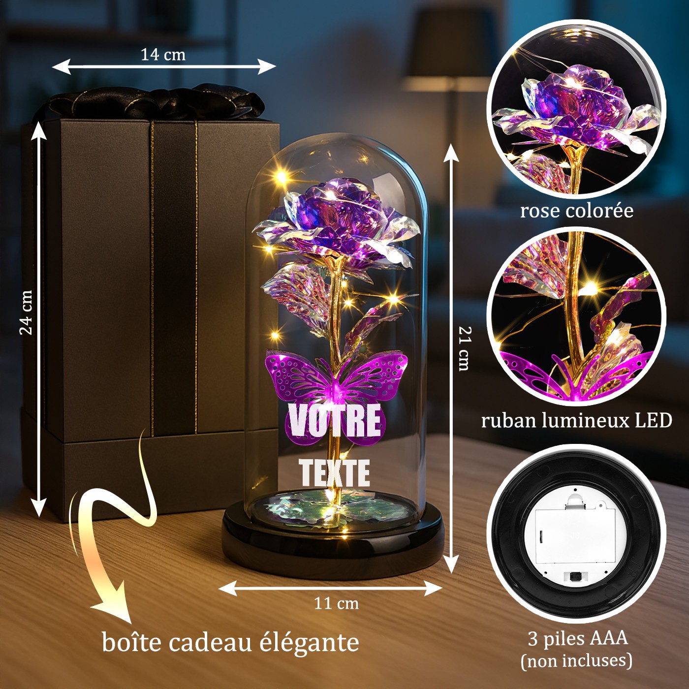 Eternal Purple Rose in Glass Dome with LED Light - Personalized Gift