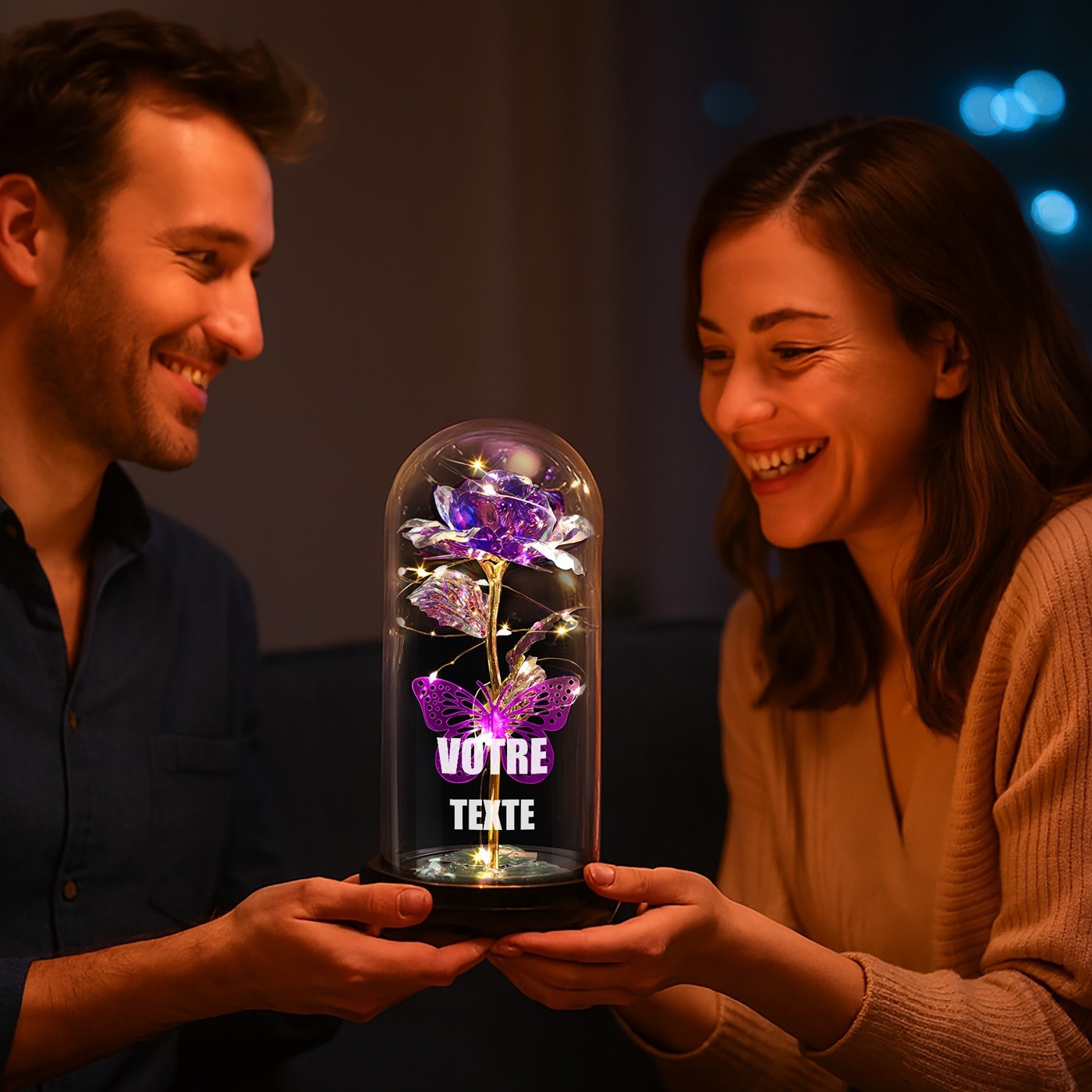 Eternal Purple Rose in Glass Dome with LED Light - Personalized Gift