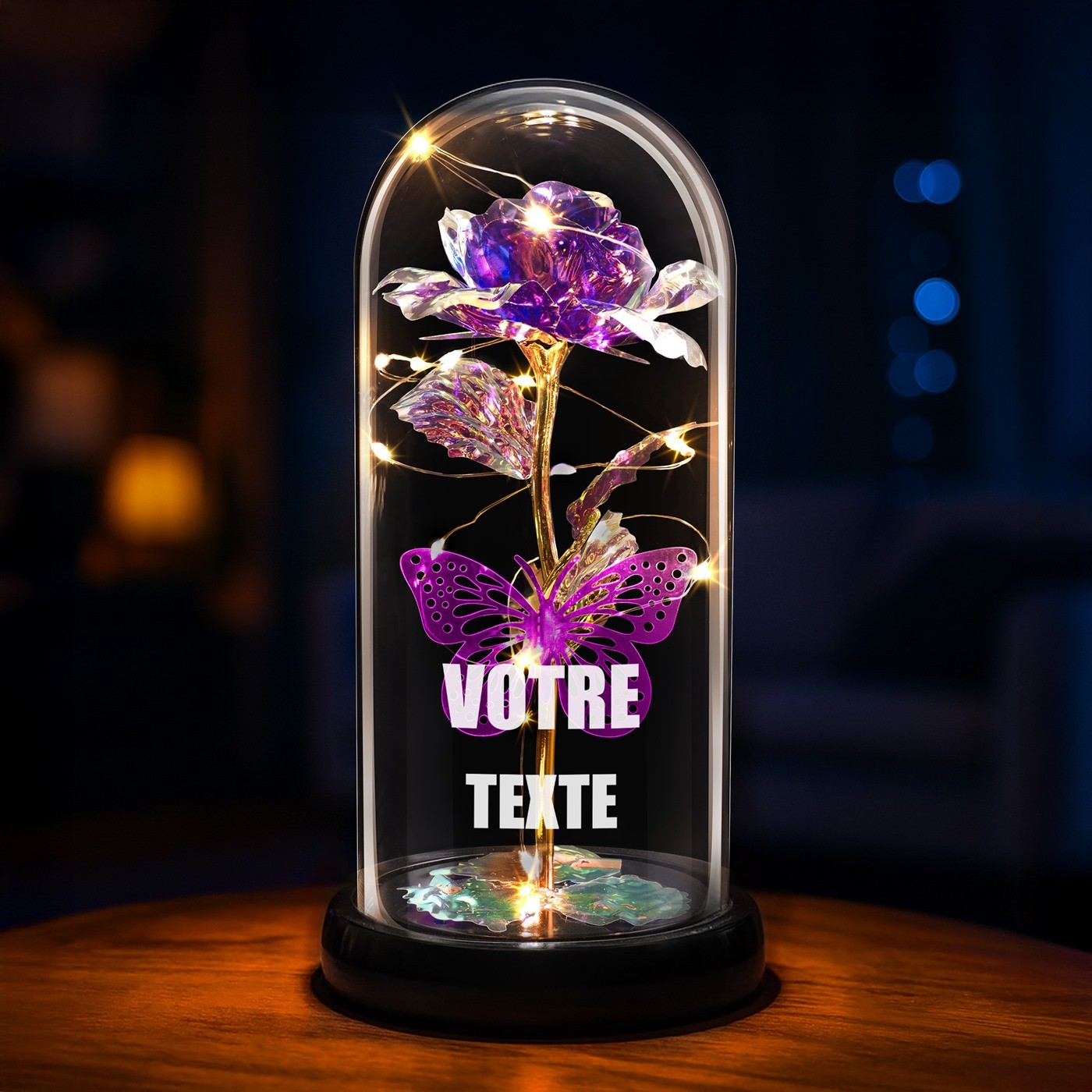 Rosa Eterna Violeta en Domo de Vidrio con Luz LED - Regalo Personalizado