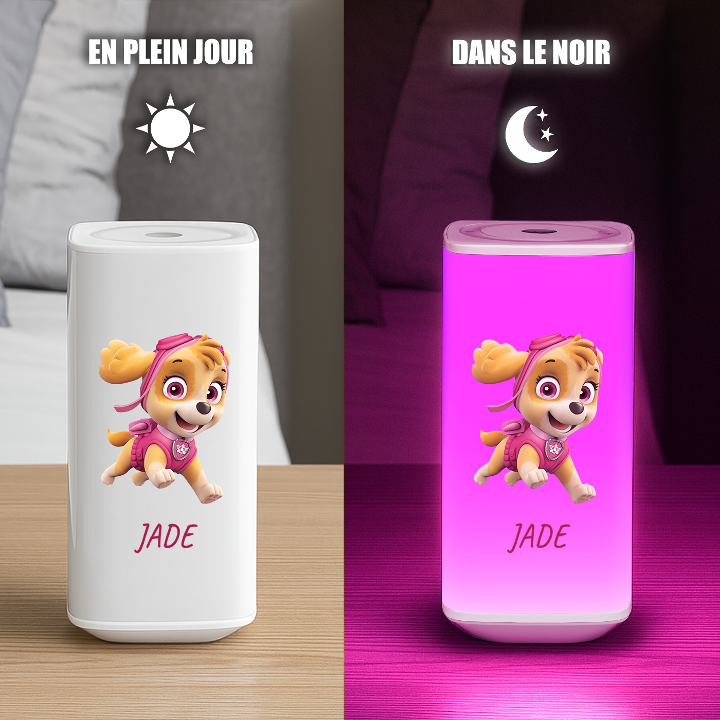 Lámpara de noche LED Murrano con impresión de Skye para una niña pequeña amante de los dibujos animados
