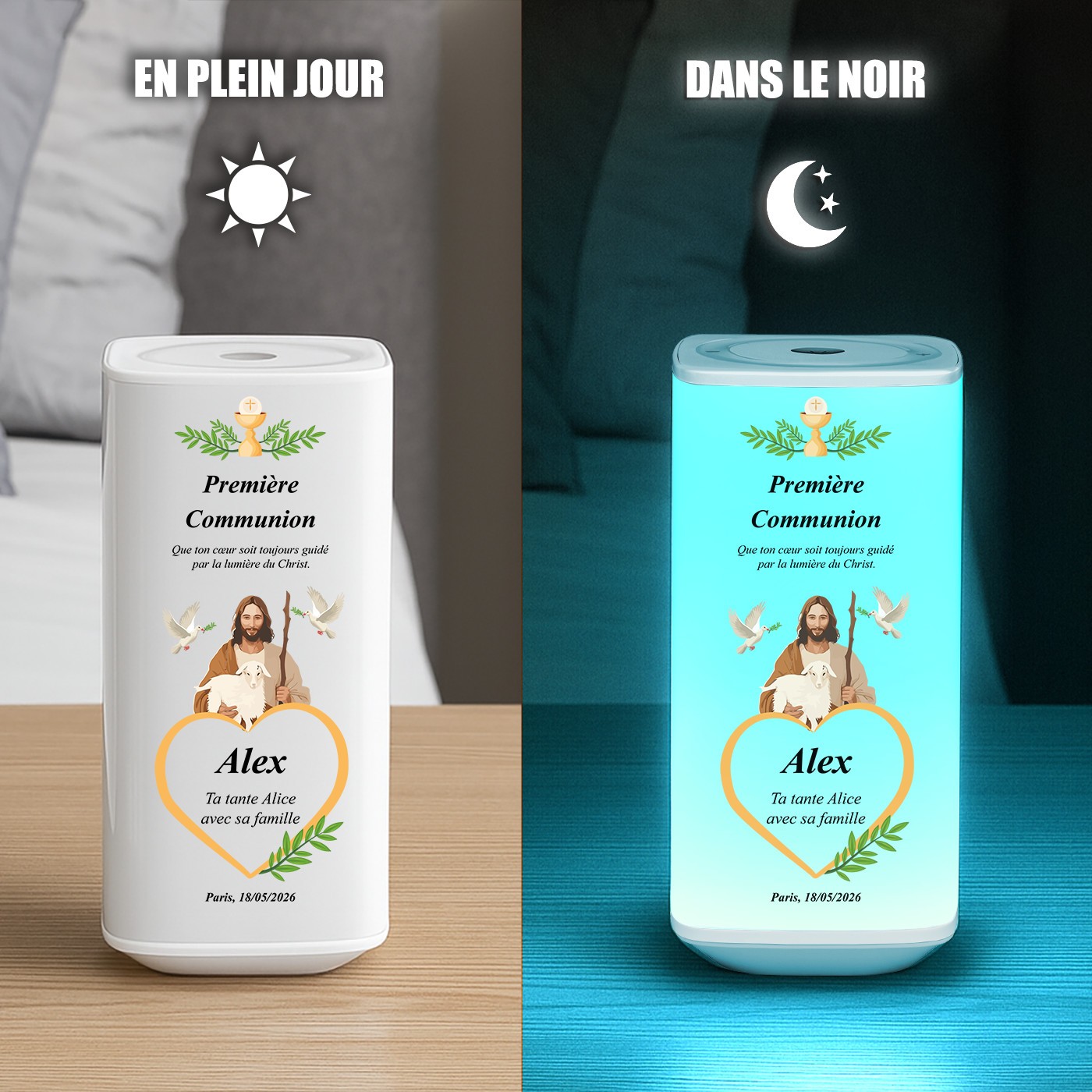 Lámpara de noche LED Murrano con impresión personalizada para primera comunión