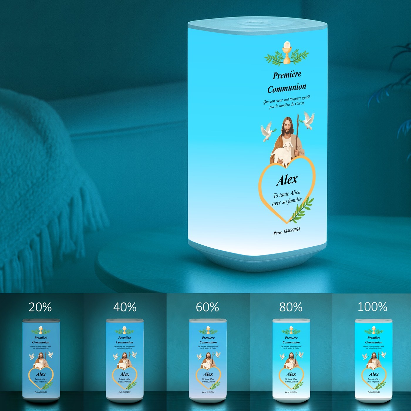 Lámpara de noche LED Murrano con impresión personalizada para primera comunión