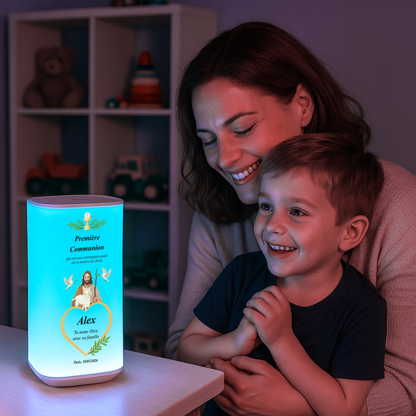 Lámpara de noche LED Murrano con impresión personalizada para primera comunión
