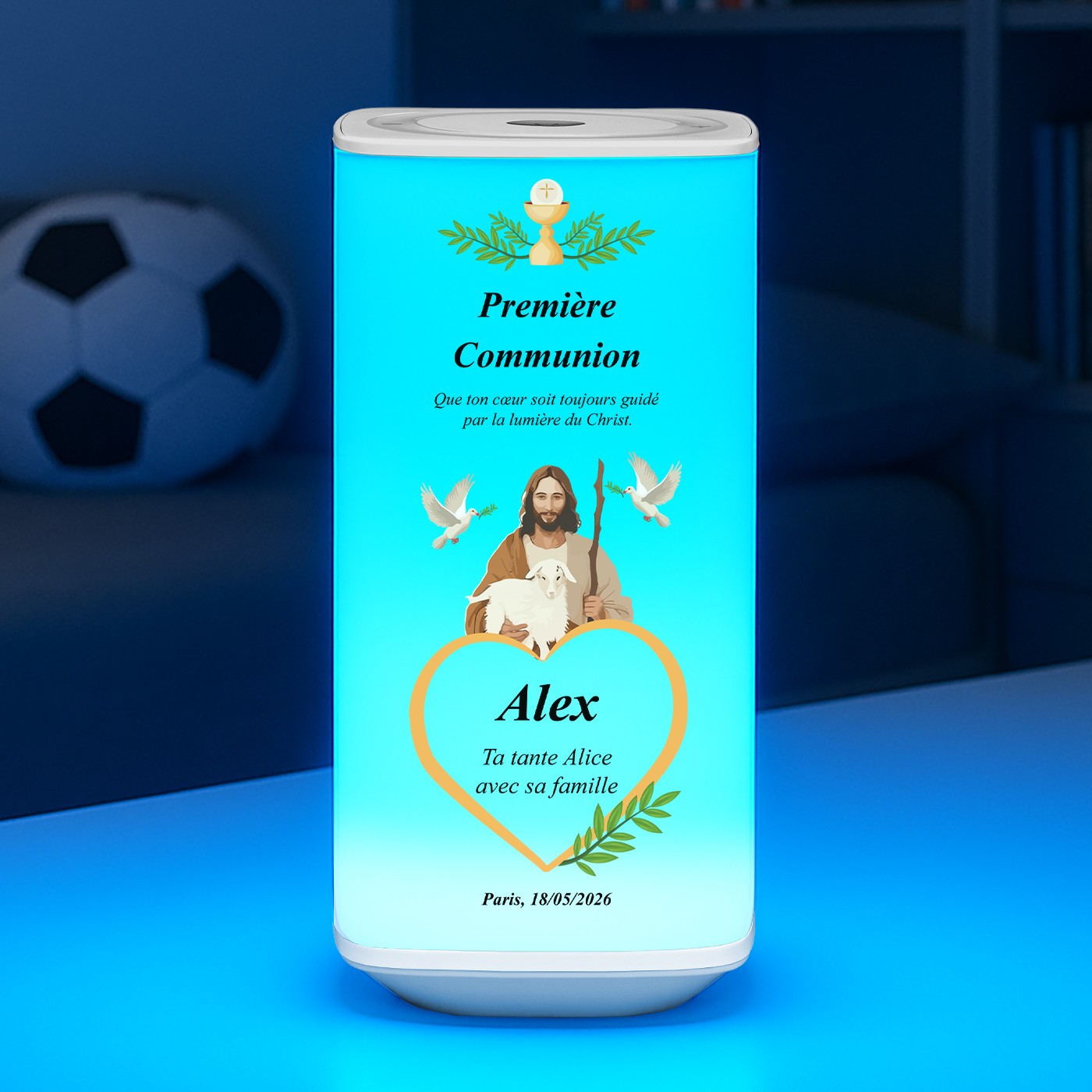 Lámpara de noche LED Murrano con impresión personalizada para primera comunión