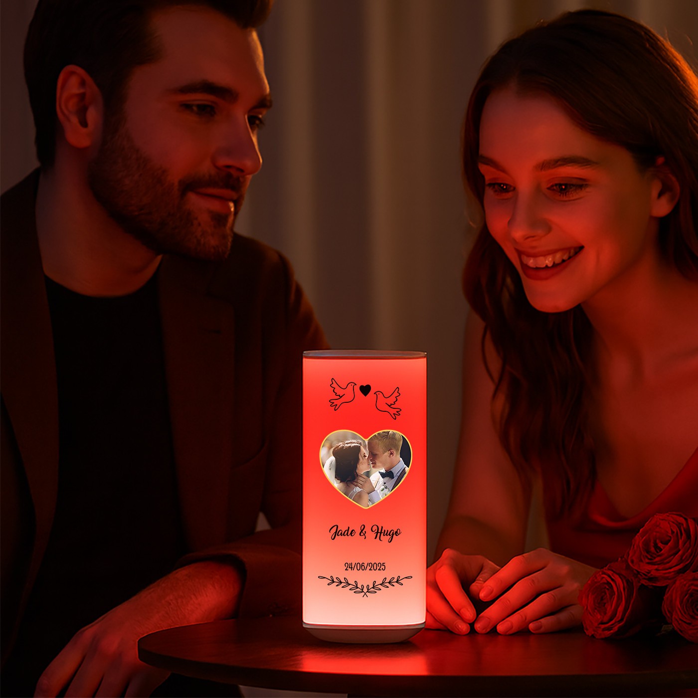 Veilleuse LED Murrano avec Impression Personnalisée et Photo pour un Mariage d'Amis