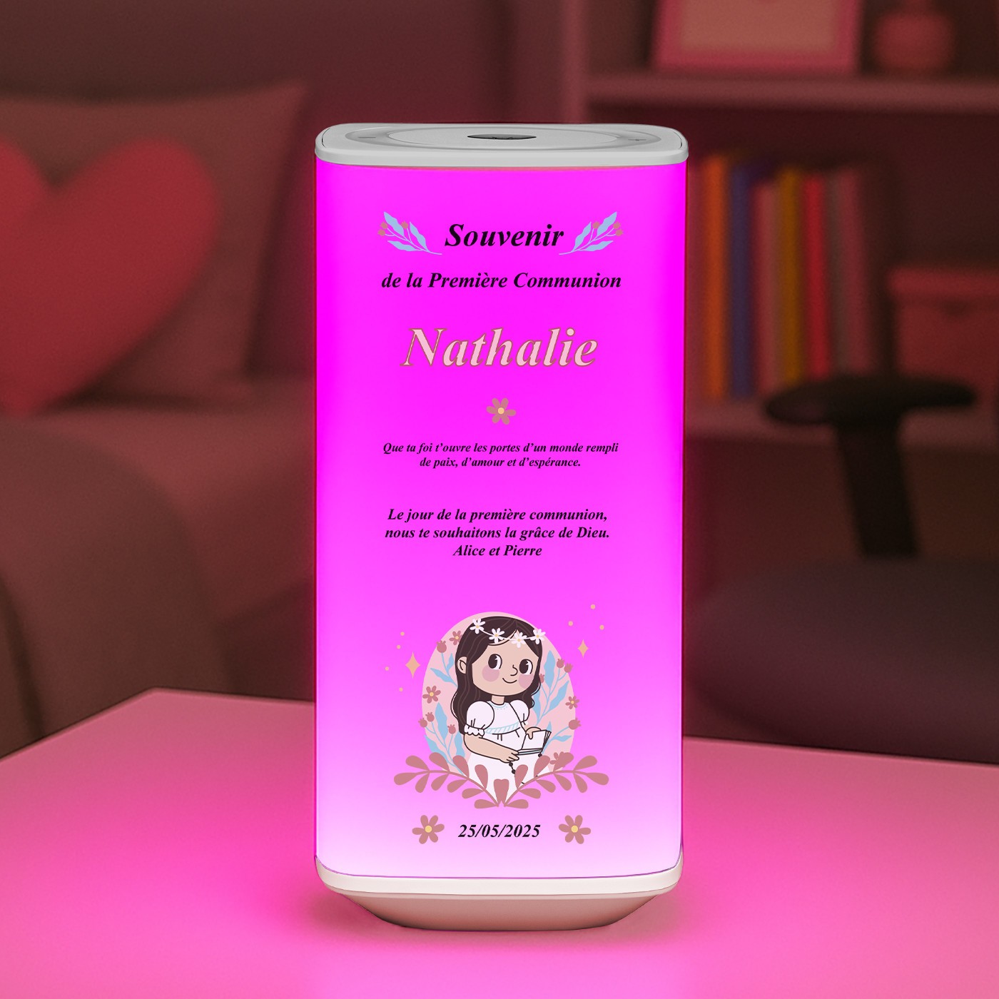 Lámpara de noche LED Murrano para primera comunión con impresión personalizada (niña)