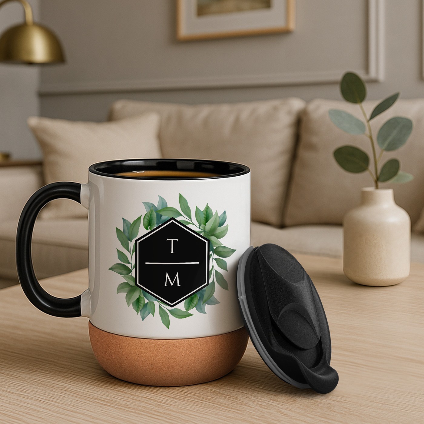 Murrano White Ceramic Mug with Lid and Personalized Print for Anniversary Gift