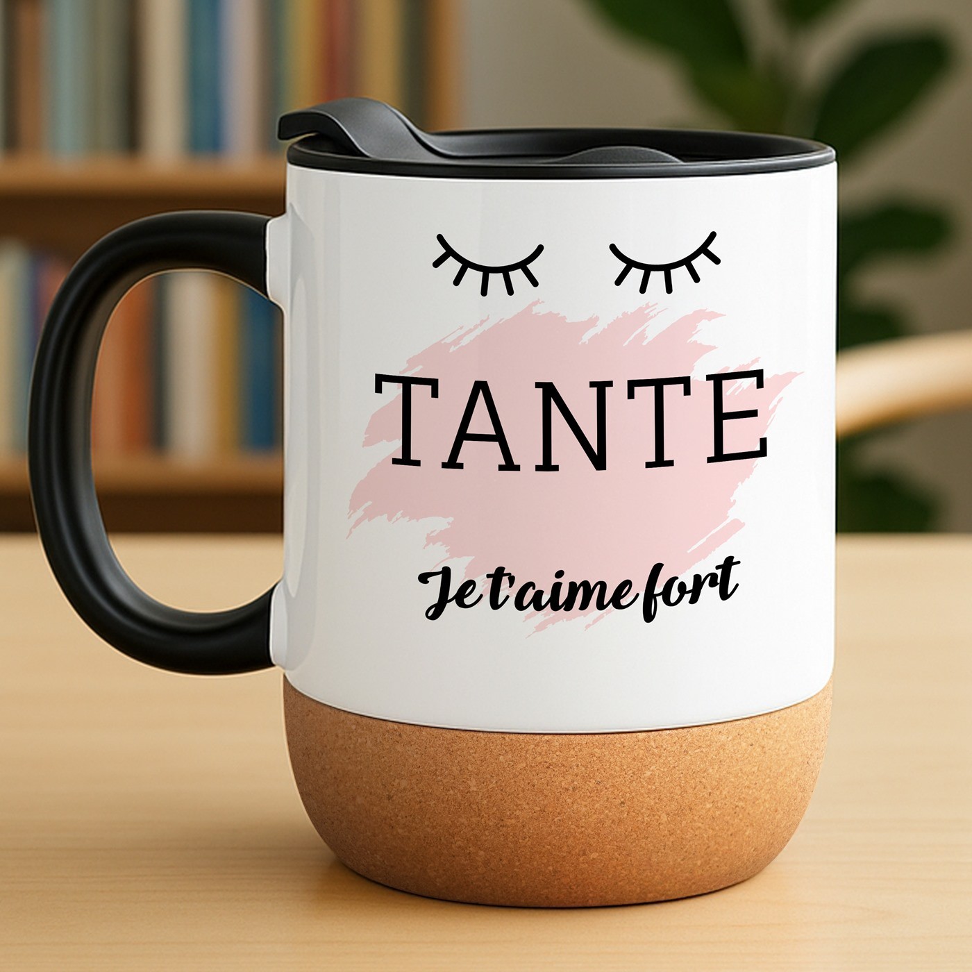 Taza de cerámica blanca Murrano con base de corcho y tapa para el cumpleaños de su tía