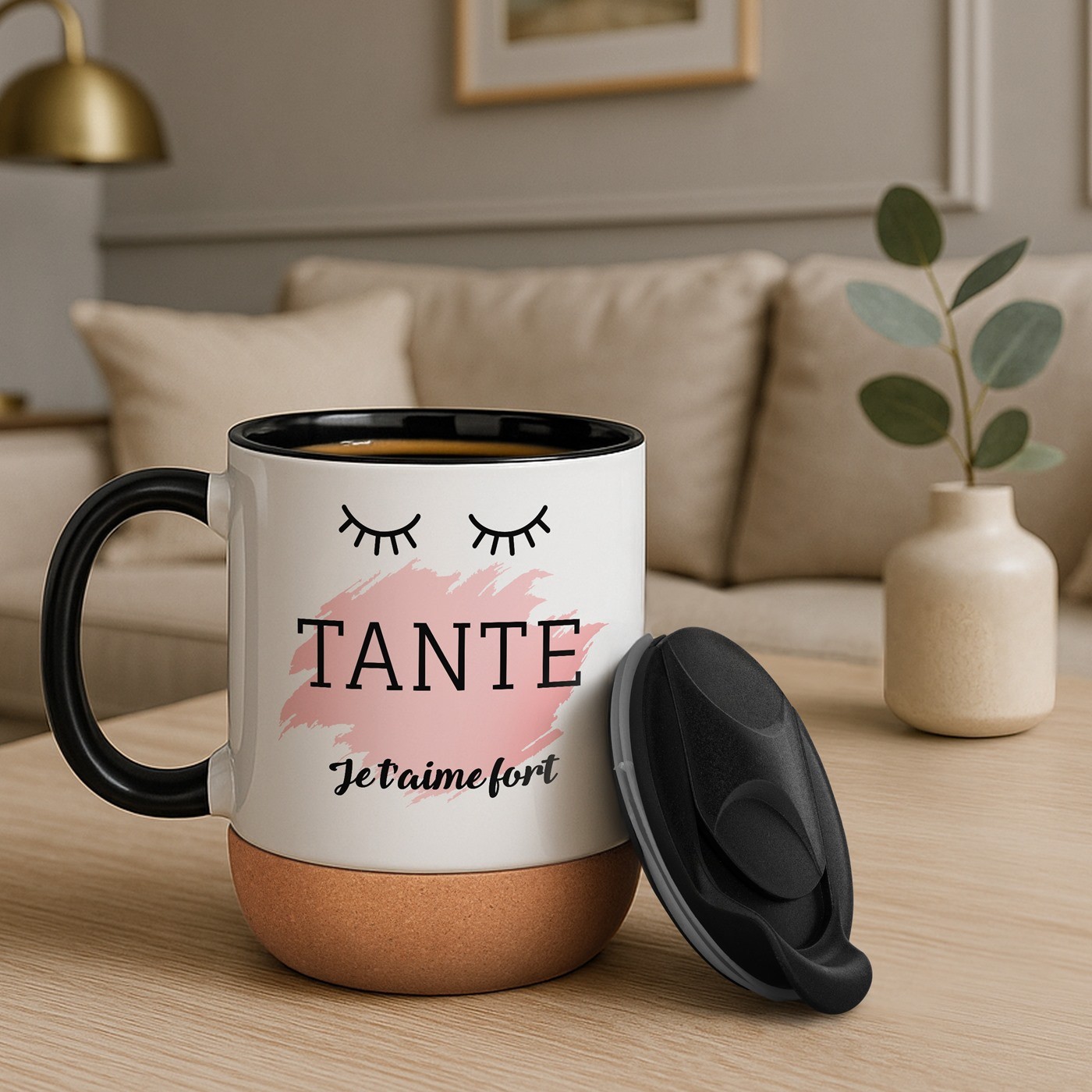 Taza de cerámica blanca Murrano con base de corcho y tapa para el cumpleaños de su tía
