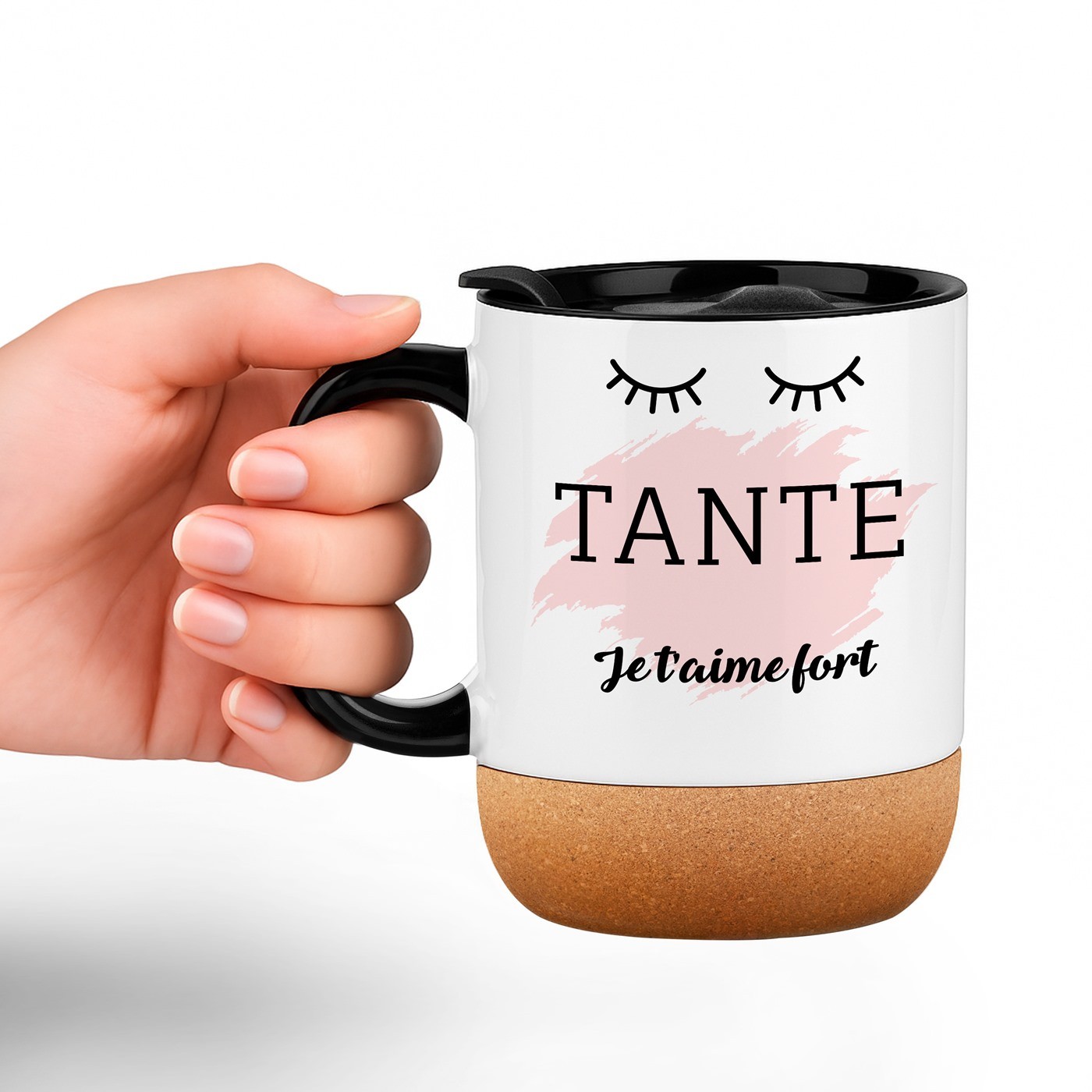 Taza de cerámica blanca Murrano con base de corcho y tapa para el cumpleaños de su tía