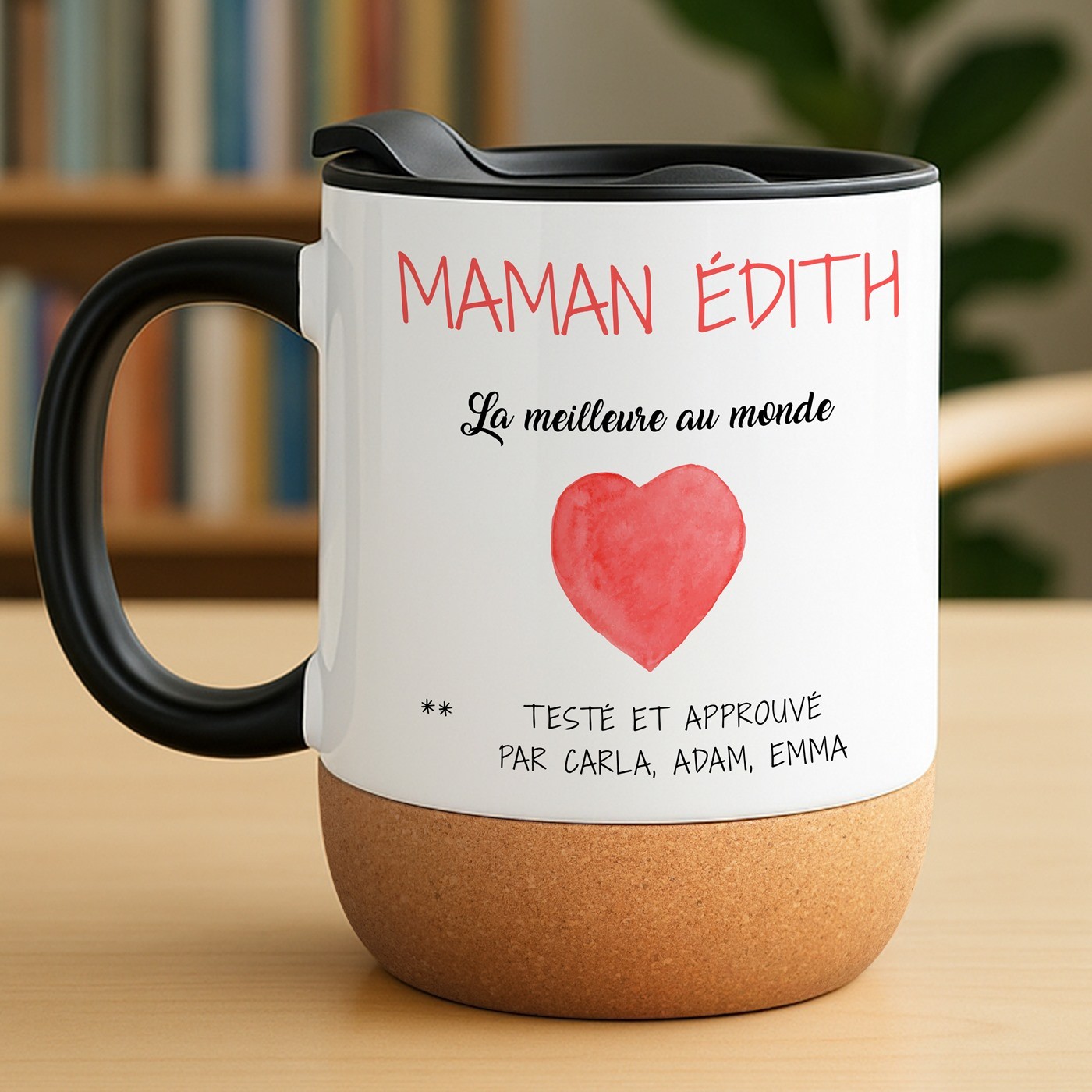 Taza blanca Murrano con impresión y tapa para el aniversario de mamá