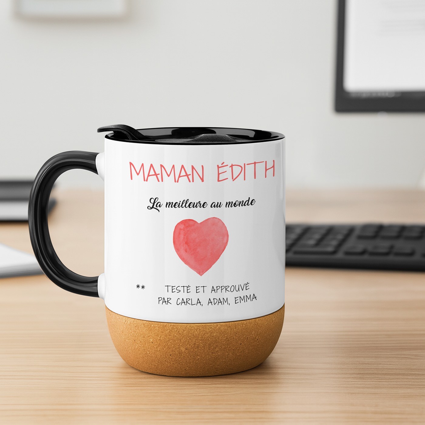 Taza blanca Murrano con impresión y tapa para el aniversario de mamá