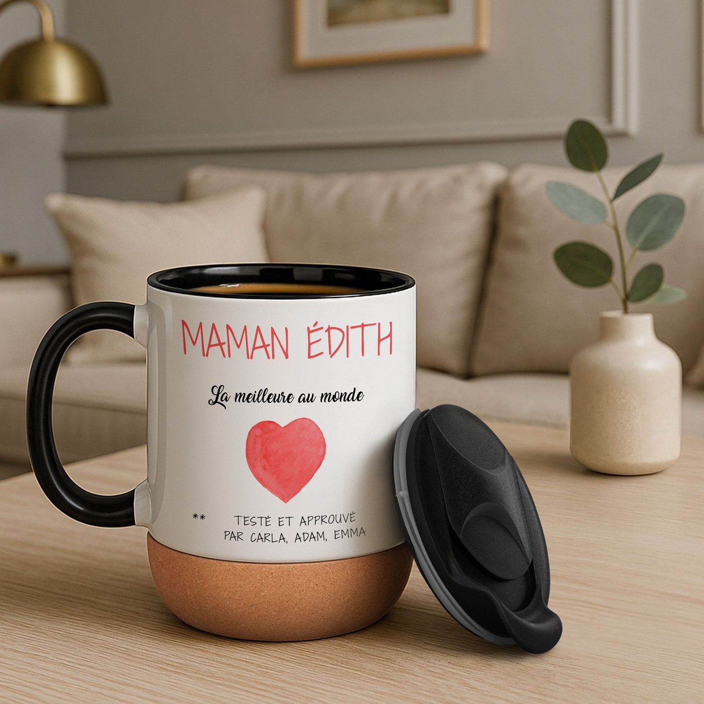 Taza blanca Murrano con impresión y tapa para el aniversario de mamá