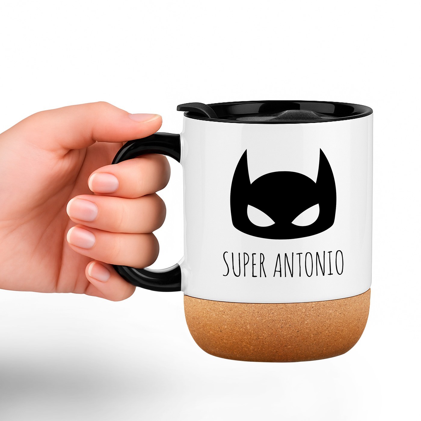 Taza blanca Murrano con impresión de superhéroe y tapa (para él)
