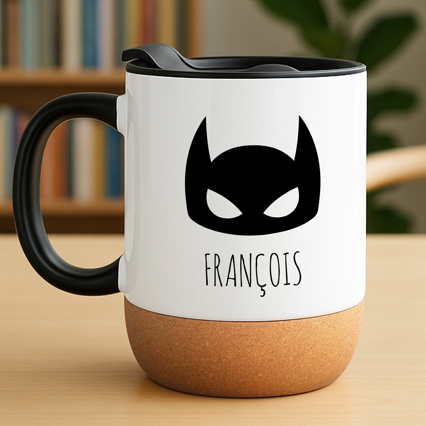 Taza blanca Murrano con impresión de superhéroe y tapa (para él)