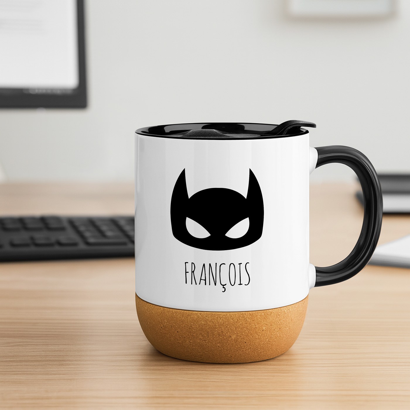 Taza blanca Murrano con impresión de superhéroe y tapa (para él)