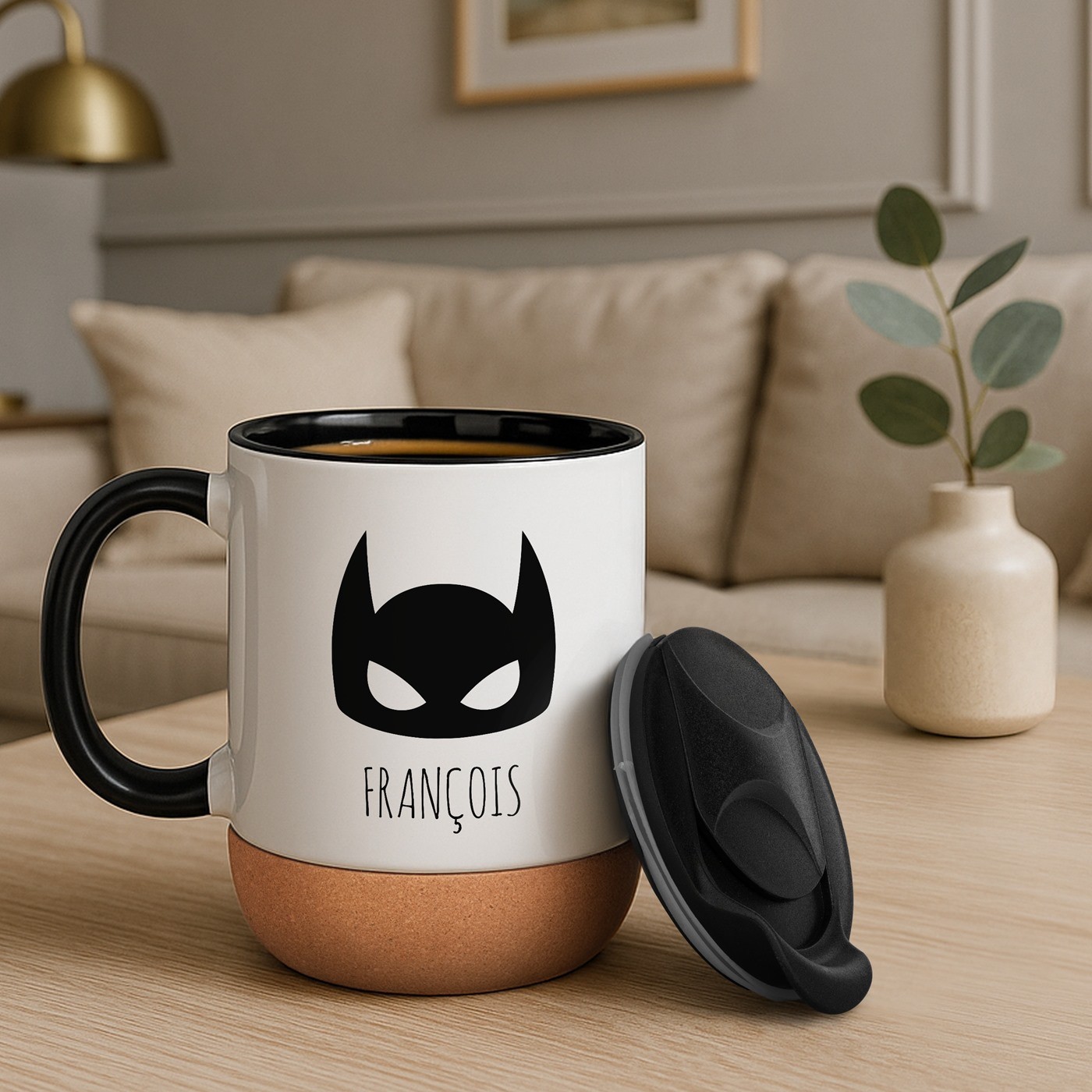 Taza blanca Murrano con impresión de superhéroe y tapa (para él)