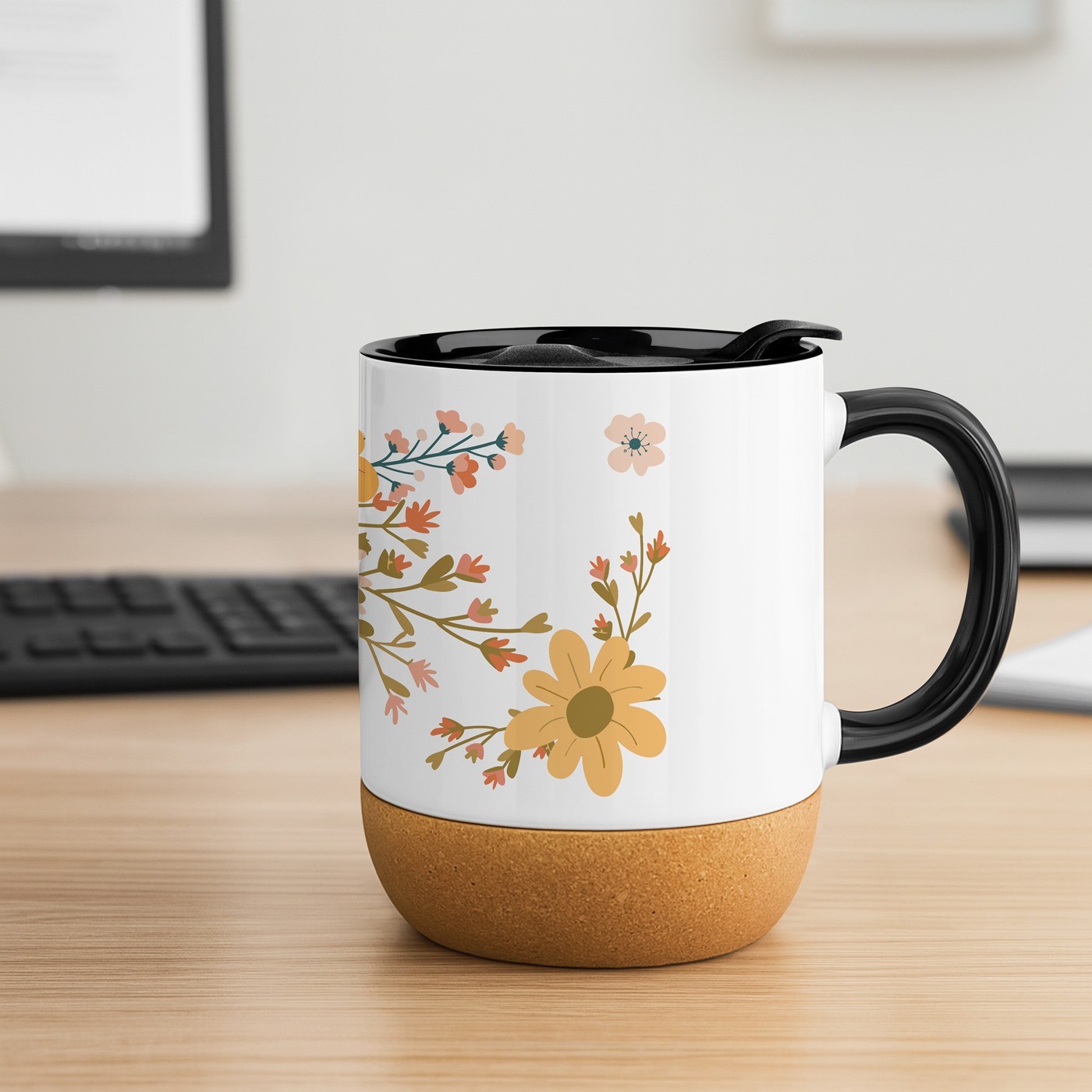 Mug de cerámica blanca Murrano con base de corcho y tapa para el aniversario de una mujer en otoño