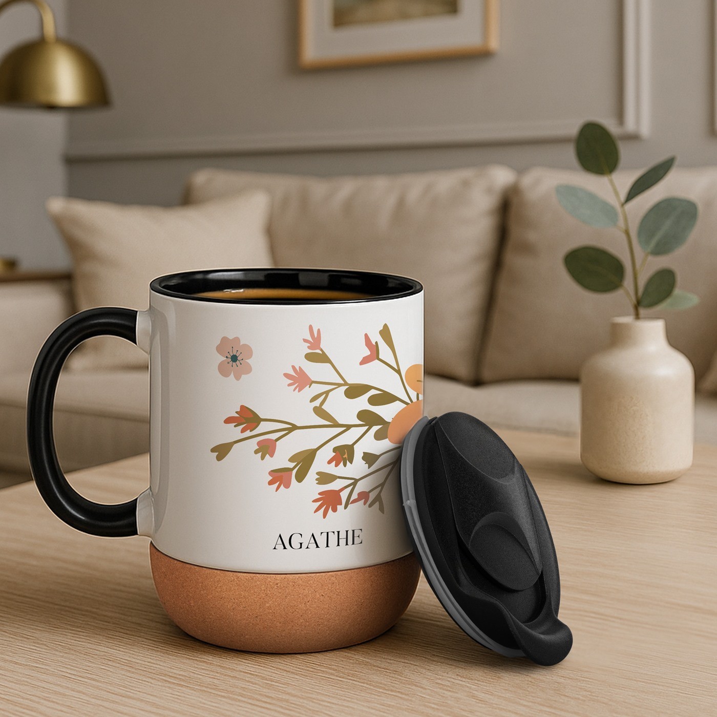 Mug de cerámica blanca Murrano con base de corcho y tapa para el aniversario de una mujer en otoño