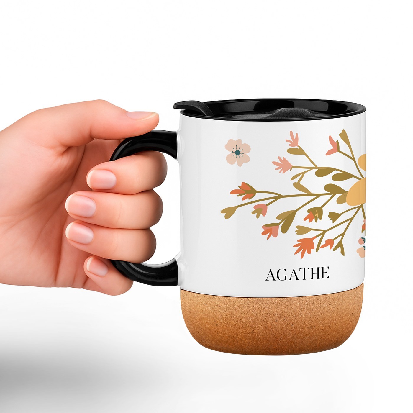 Mug de cerámica blanca Murrano con base de corcho y tapa para el aniversario de una mujer en otoño