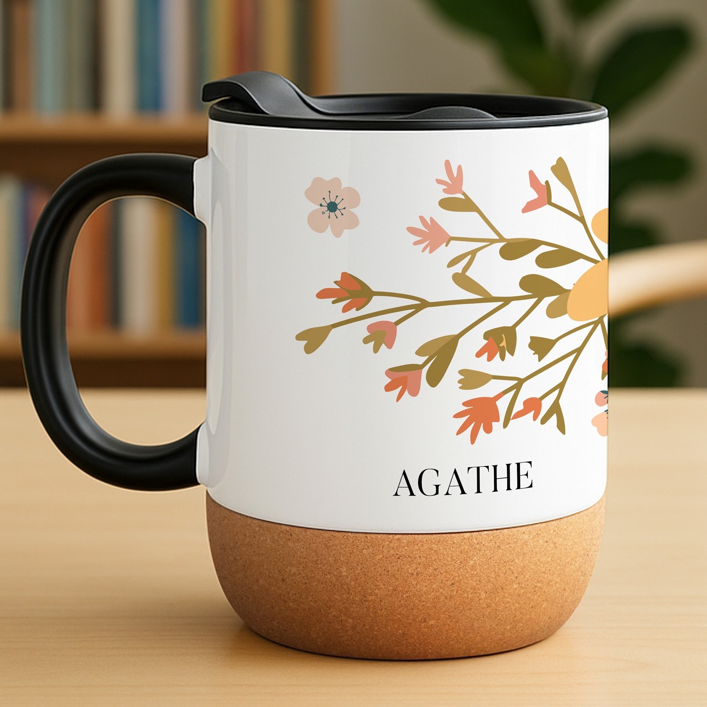 Mug de cerámica blanca Murrano con base de corcho y tapa para el aniversario de una mujer en otoño
