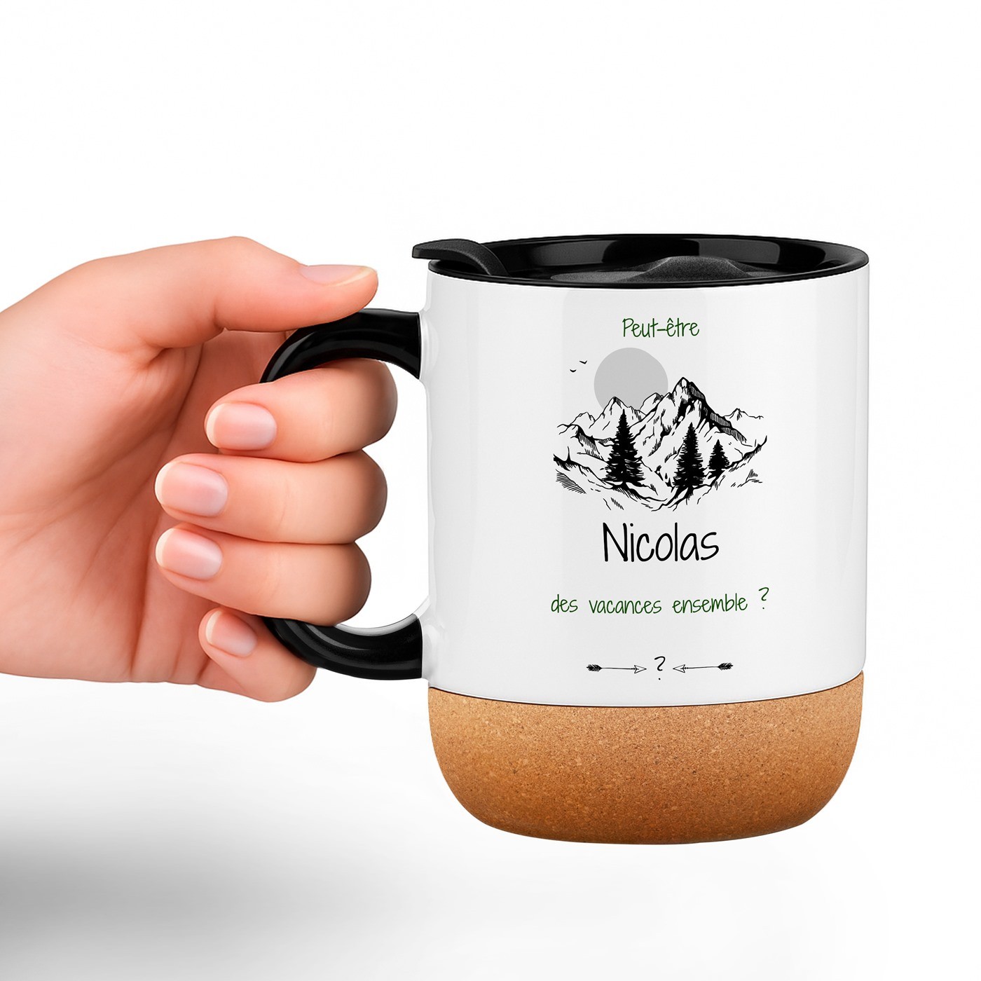 Mug de aventura Murrano con tapa - Mug de cerámica blanca con base de corcho y mango negro