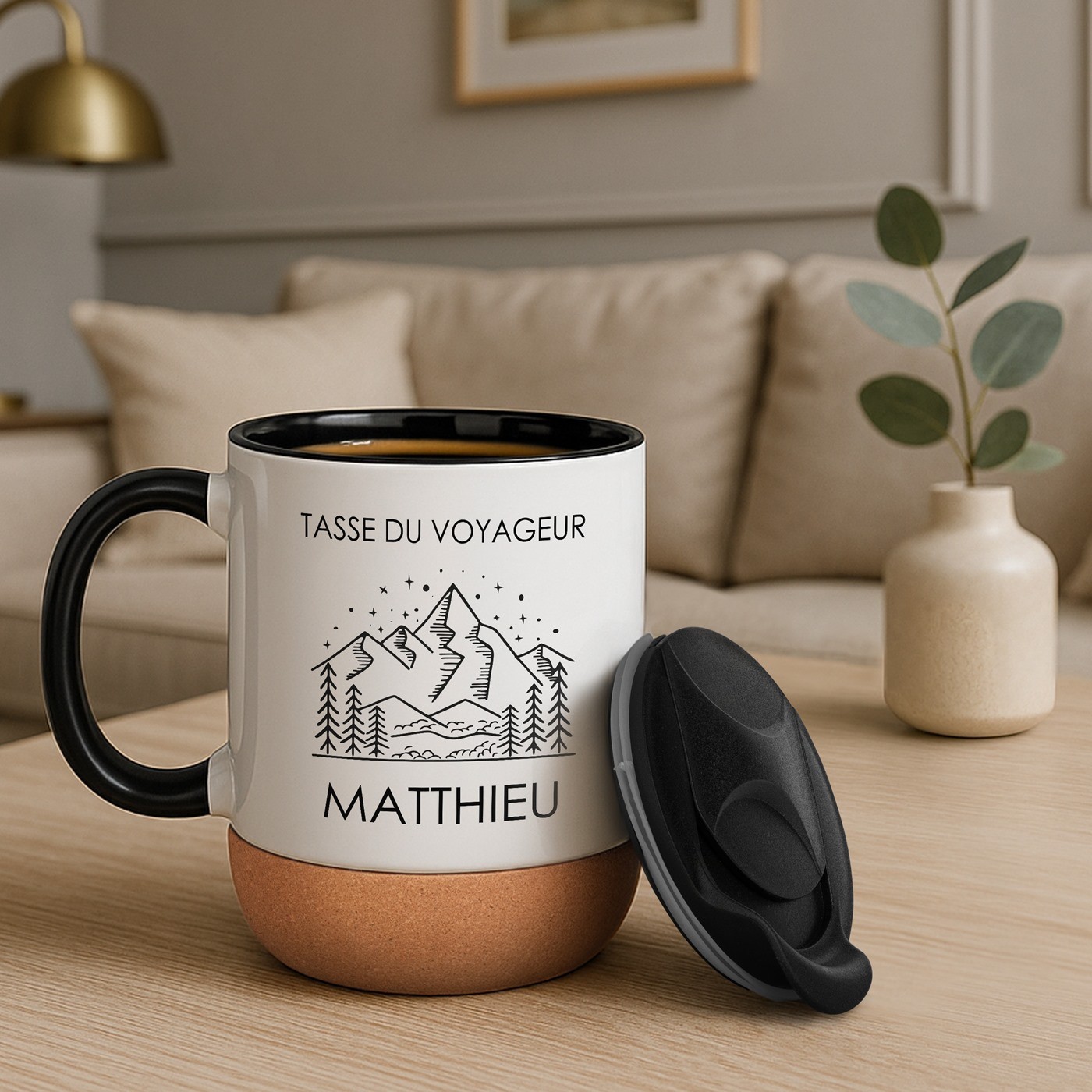 Mug de cerámica blanca Murrano con base de corcho y tapa para aventurero