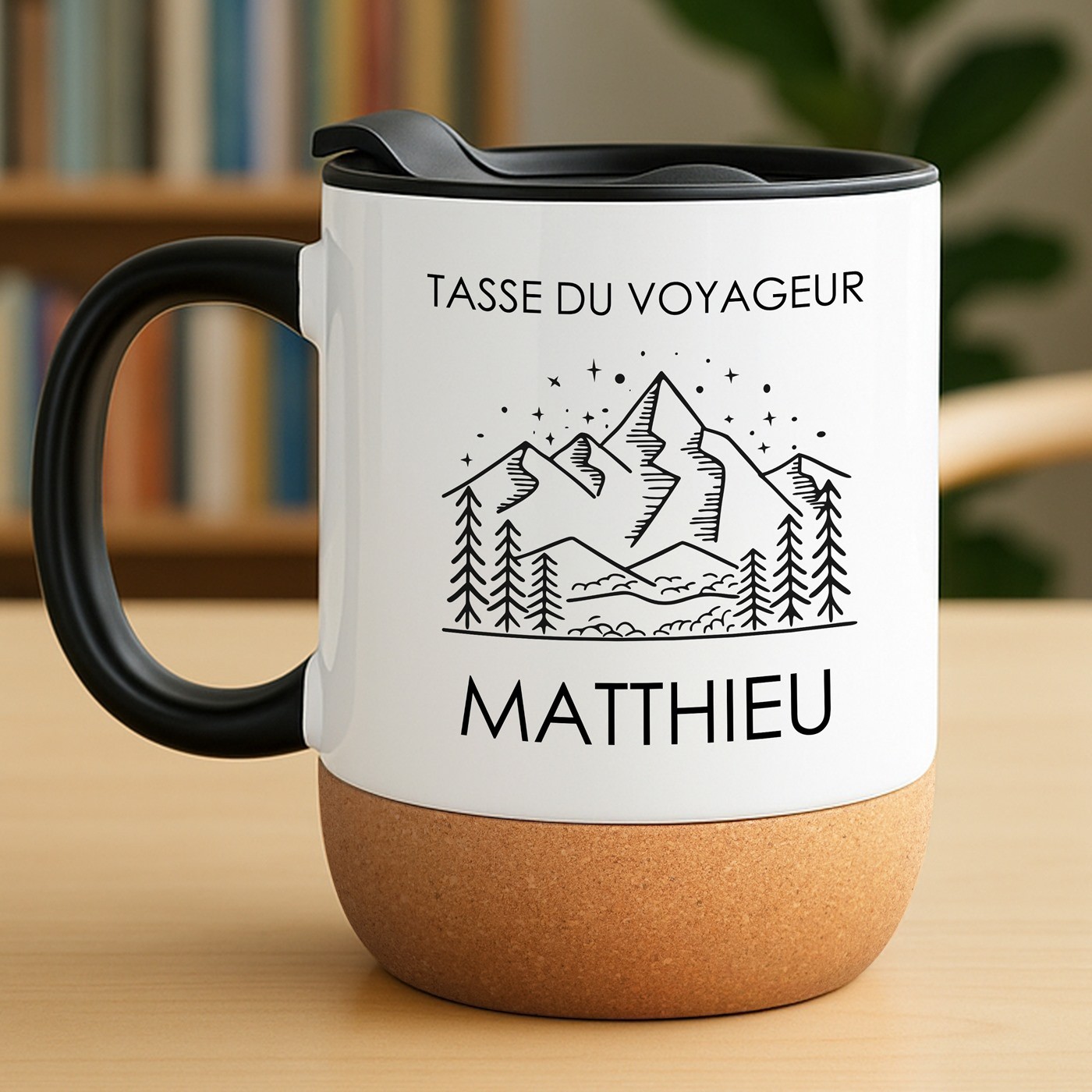 Mug de cerámica blanca Murrano con base de corcho y tapa para aventurero