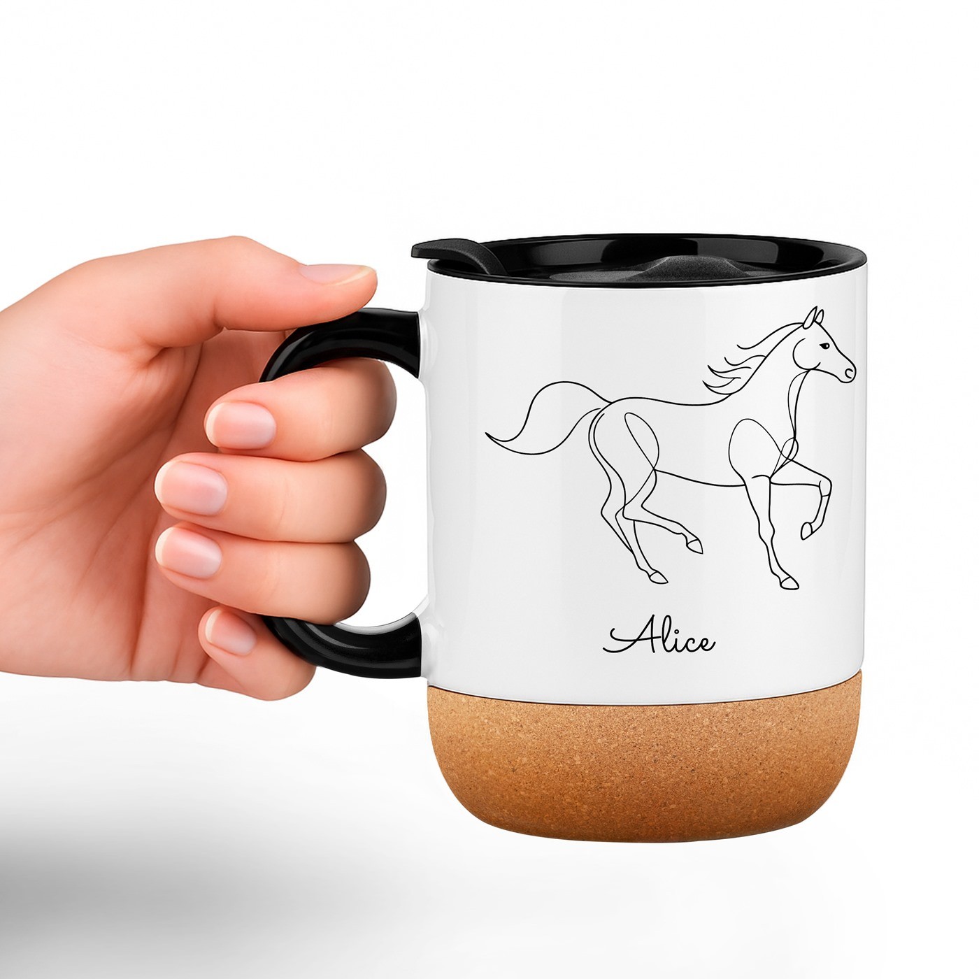 Taza de cerámica blanca Murrano con impresión de equitación y tapa para ella - Cumpleaños