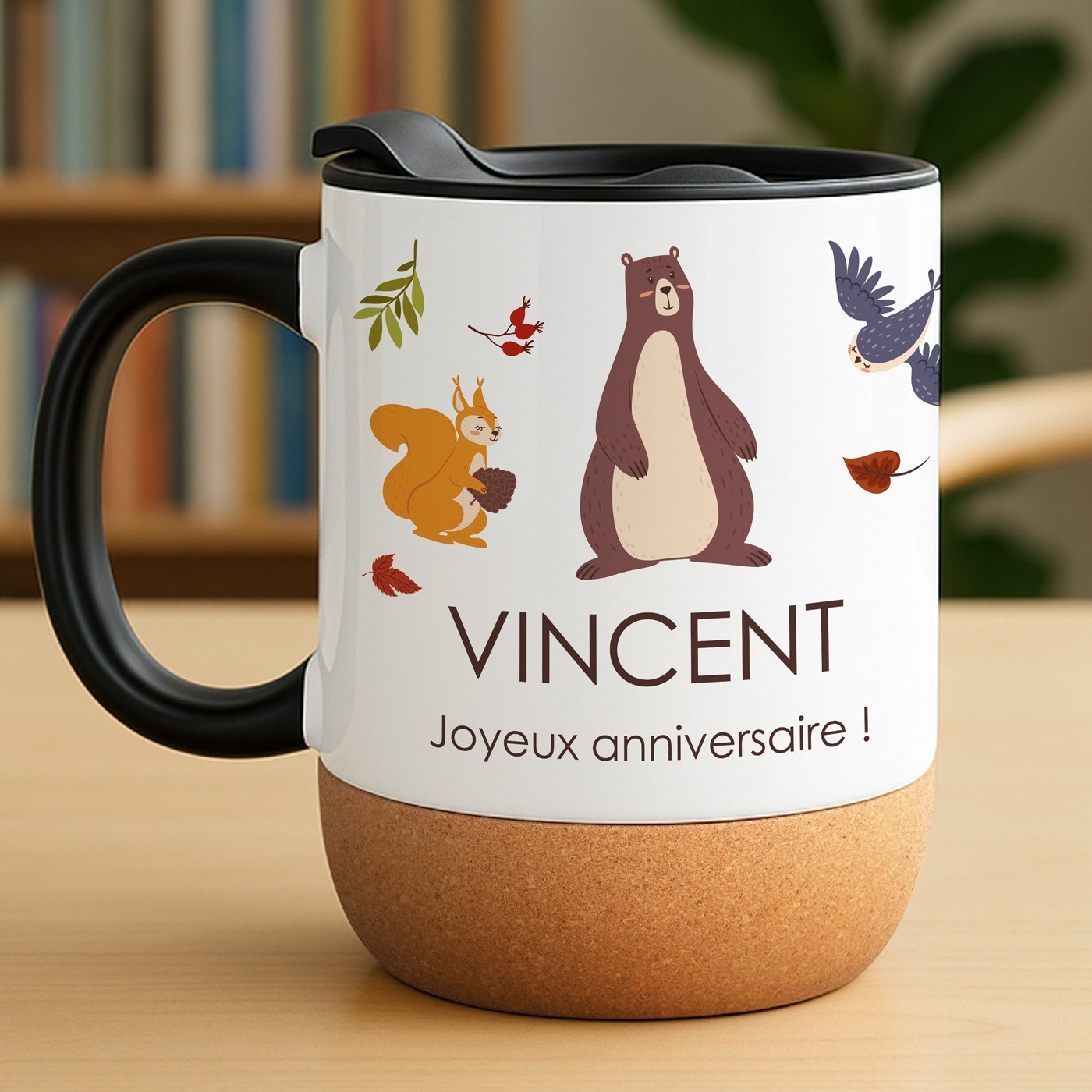 Taza de cerámica blanca Murrano con base de corcho y tapa para el cumpleaños de un niño