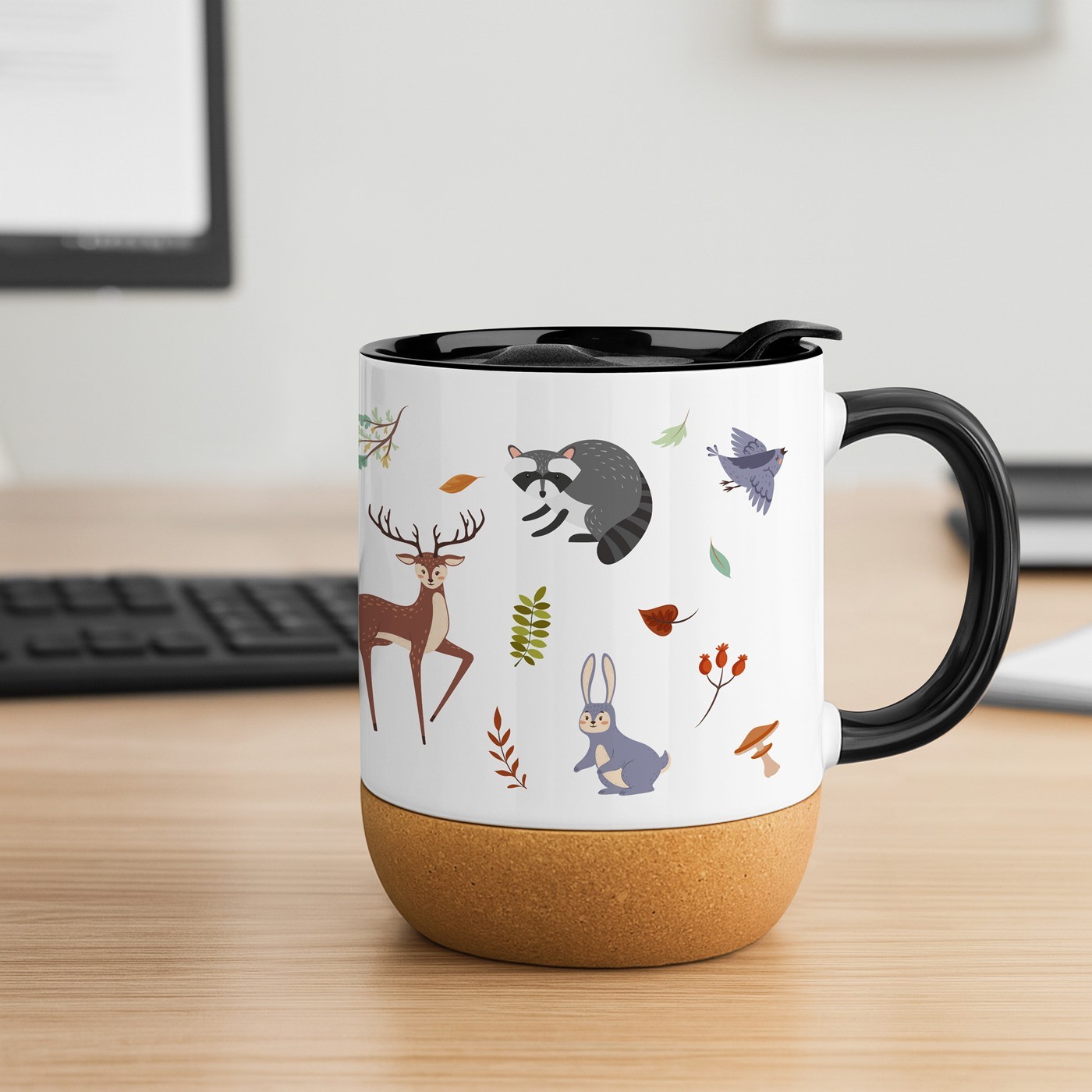 Taza de cerámica blanca Murrano con base de corcho y tapa para el cumpleaños de un niño