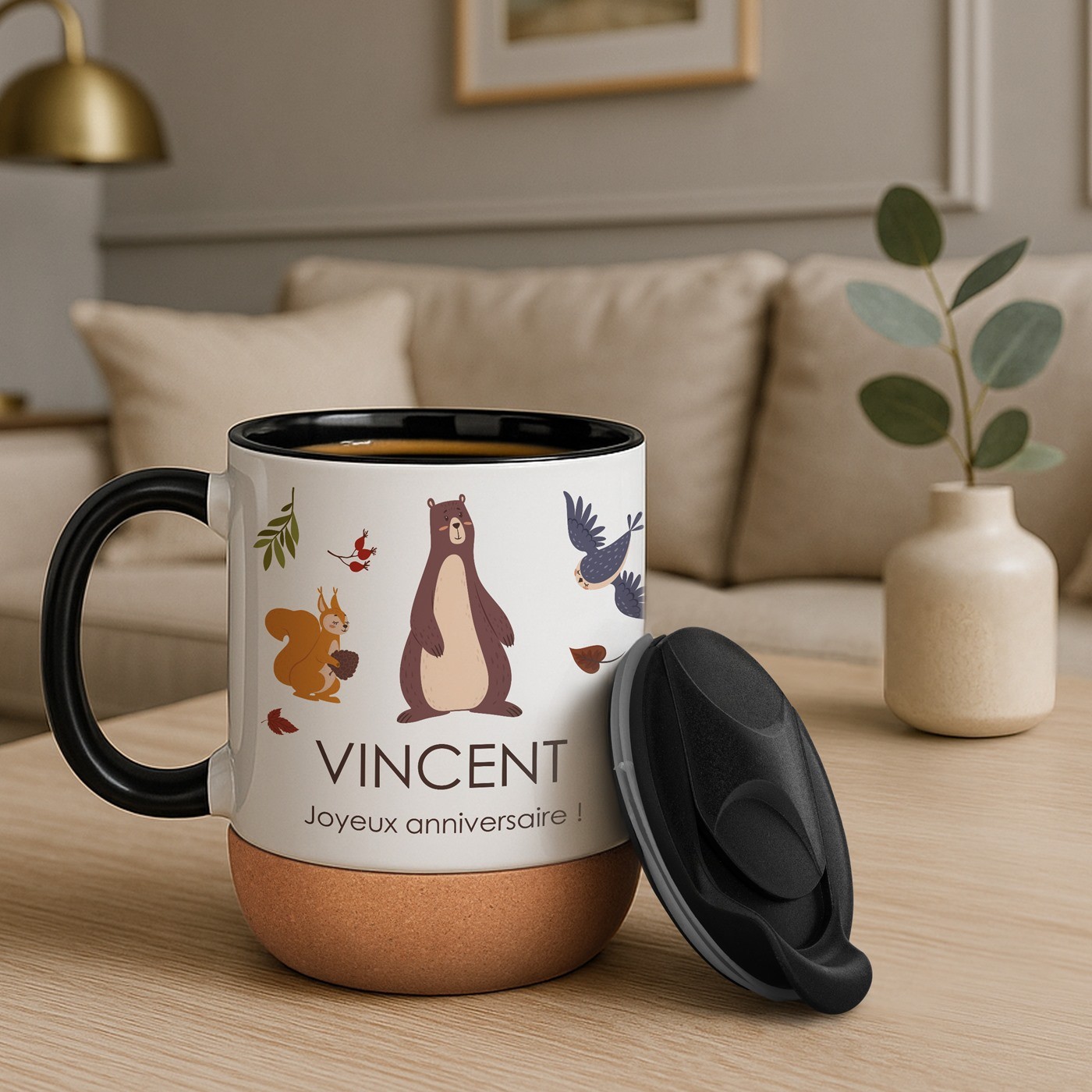 Taza de cerámica blanca Murrano con base de corcho y tapa para el cumpleaños de un niño