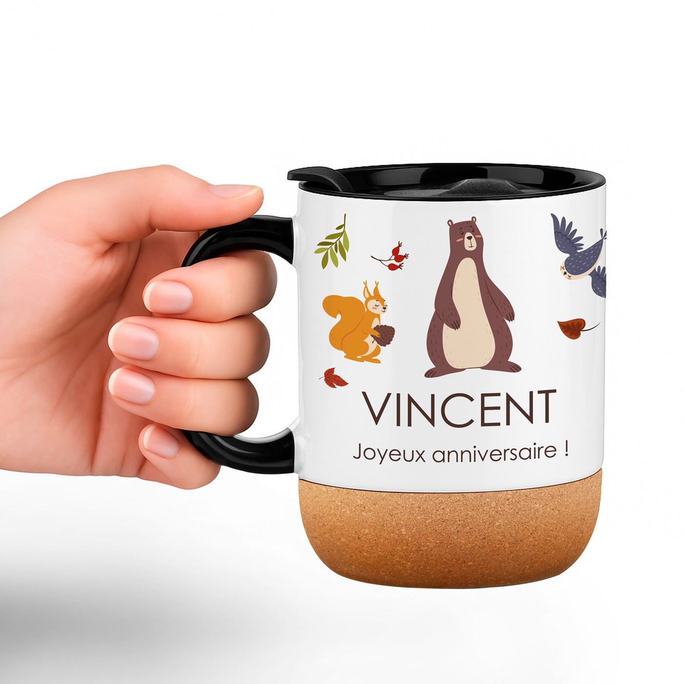 Taza de cerámica blanca Murrano con base de corcho y tapa para el cumpleaños de un niño