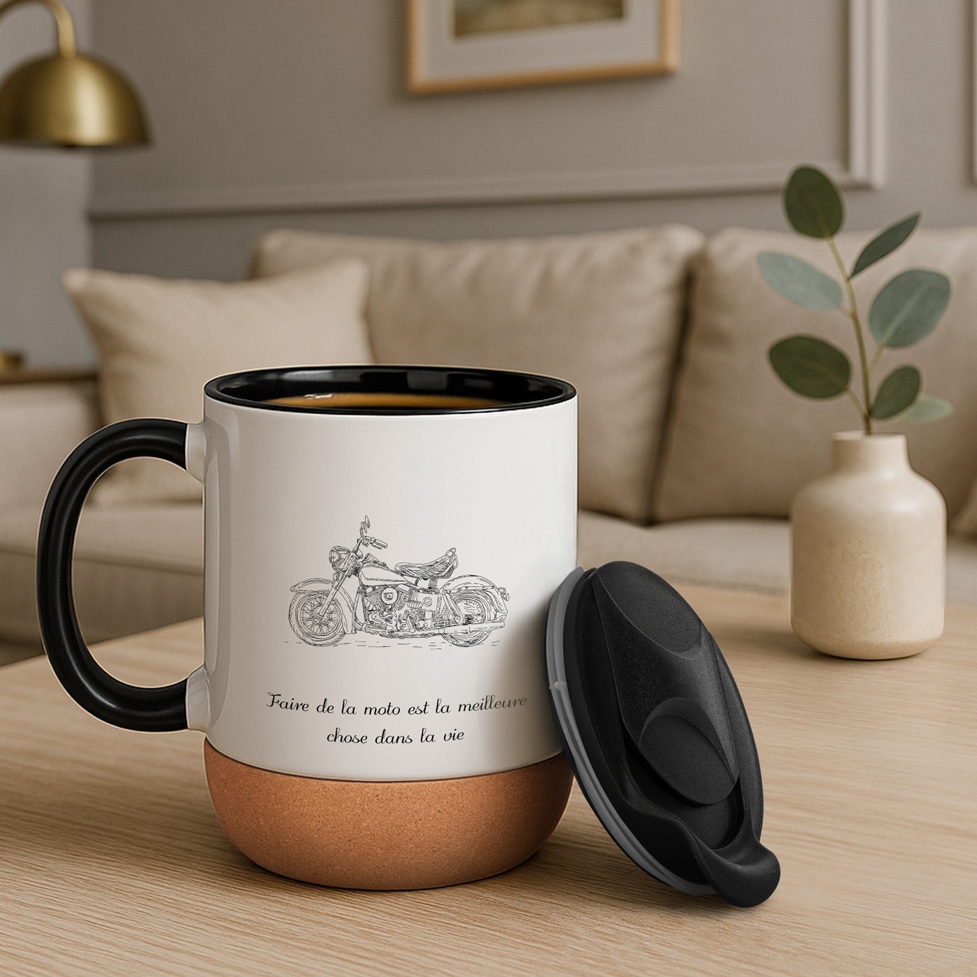 Murrano White Mug with Print and Lid for Motorcyclist Man