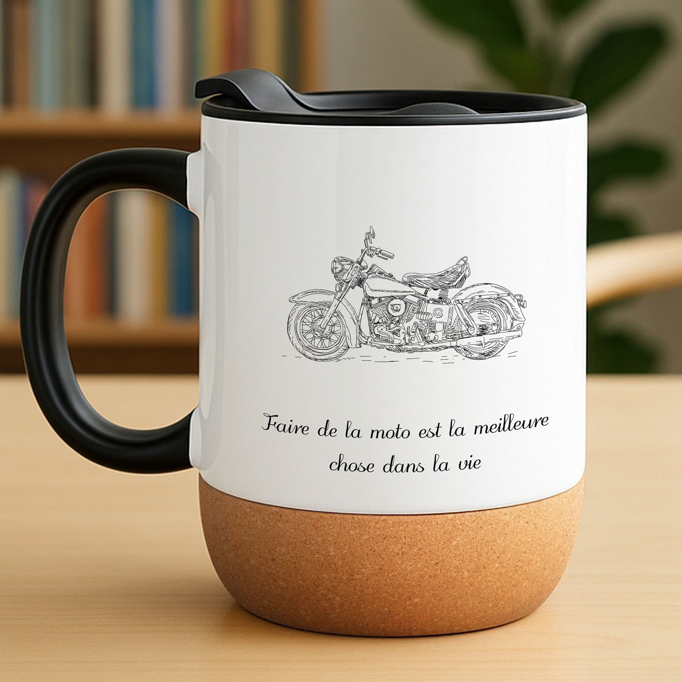 Taza blanca Murrano con impresión y tapa para hombre motociclista
