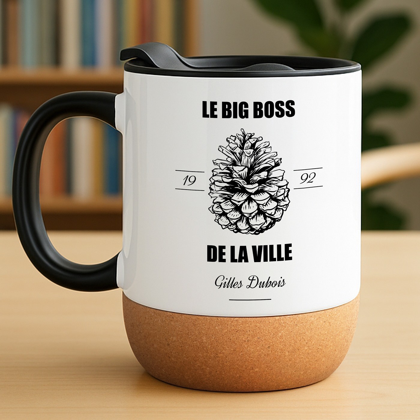 Taza blanca Murrano con impresión y tapa para el aniversario de un hombre