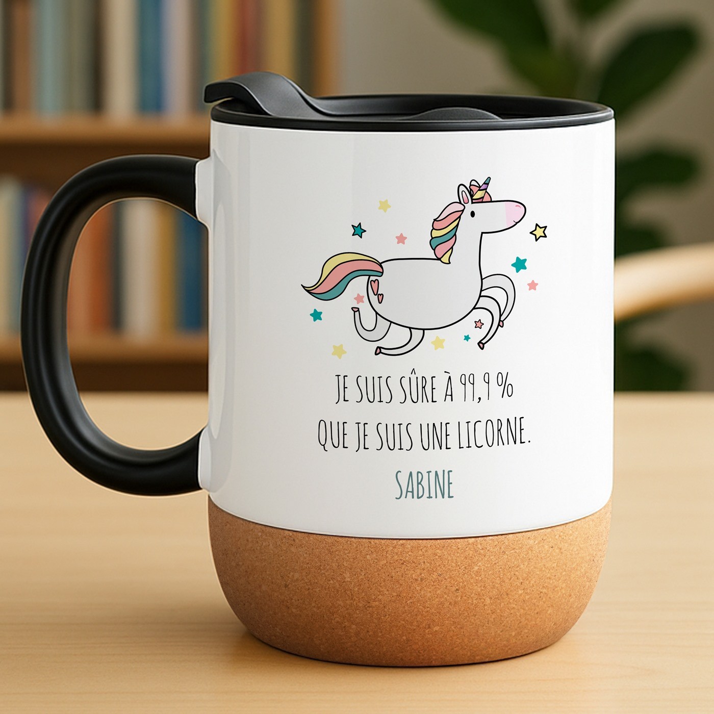 Mug de cerámica blanca Murrano con base de corcho y tapa para el cumpleaños de una niña