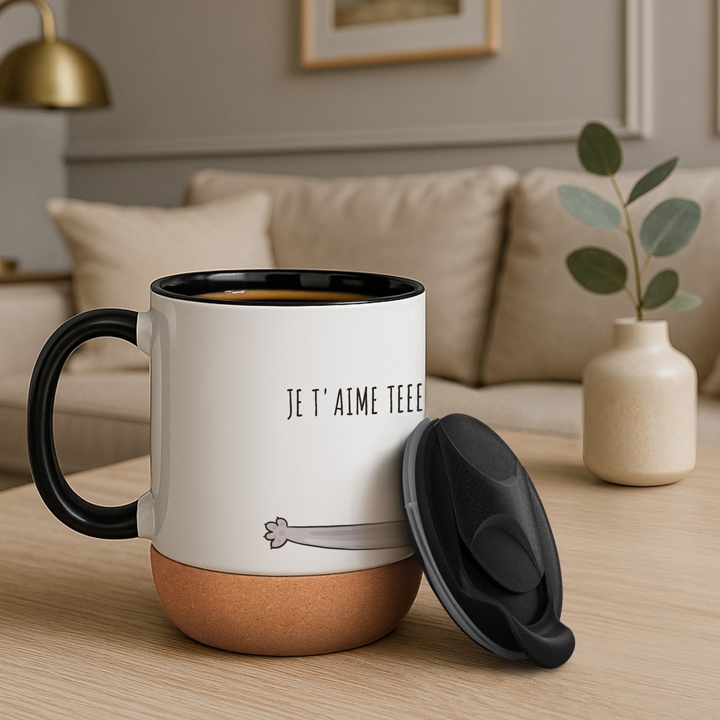 Murrano Ceramic White Mug with Cat Design and Lid for Women