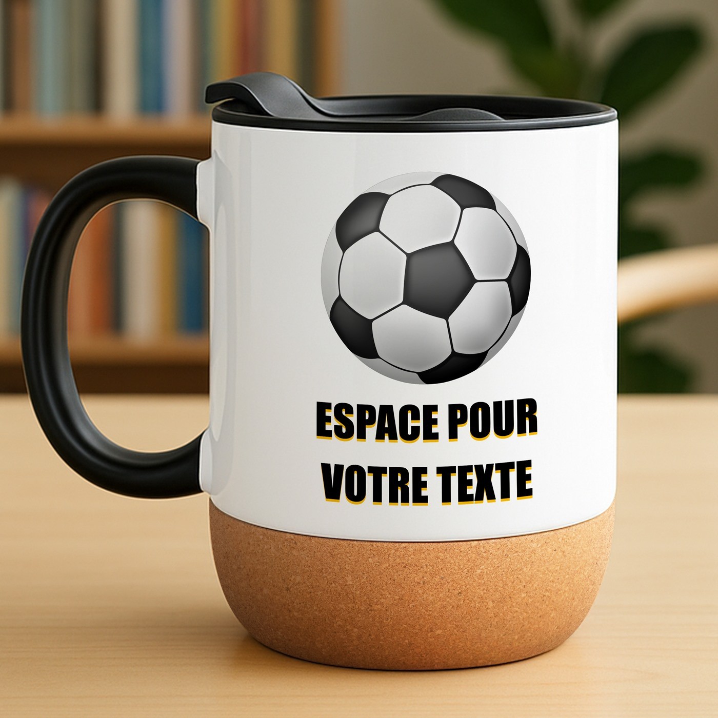 Mug de cerámica blanca Murrano con impresión de fútbol y tapa