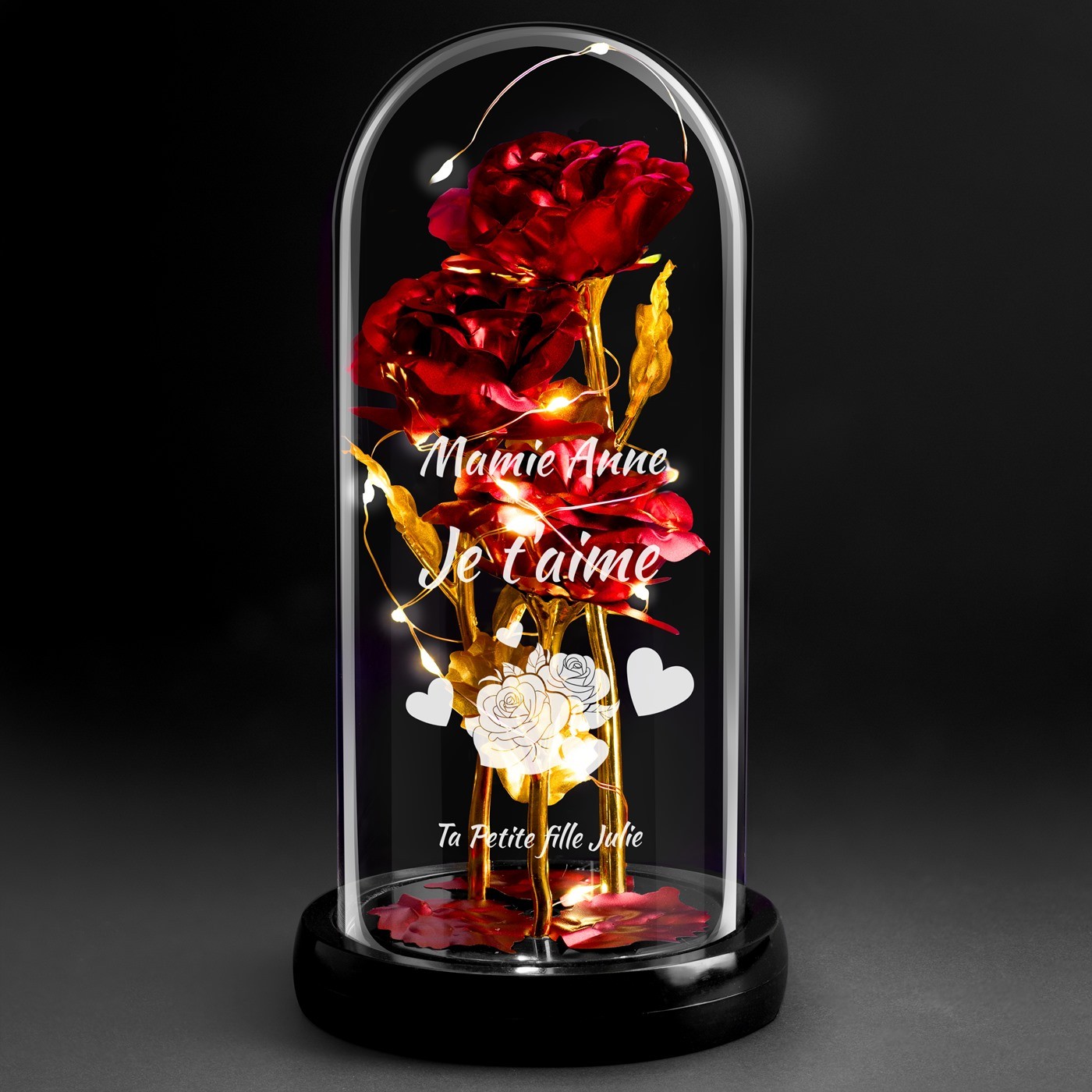 Rose éternelle rouge personnalisée sous cloche en verre avec lumière LED pour la fête des grands-mères