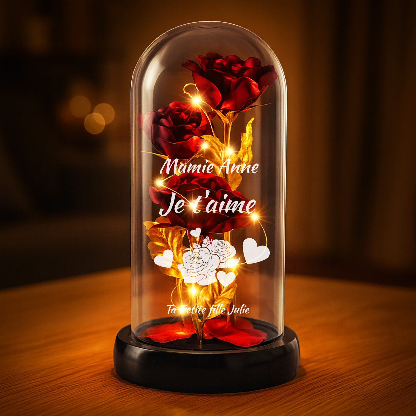 Personalized Eternal Red Rose in Glass Dome with LED Light for Grandmothers' Day
