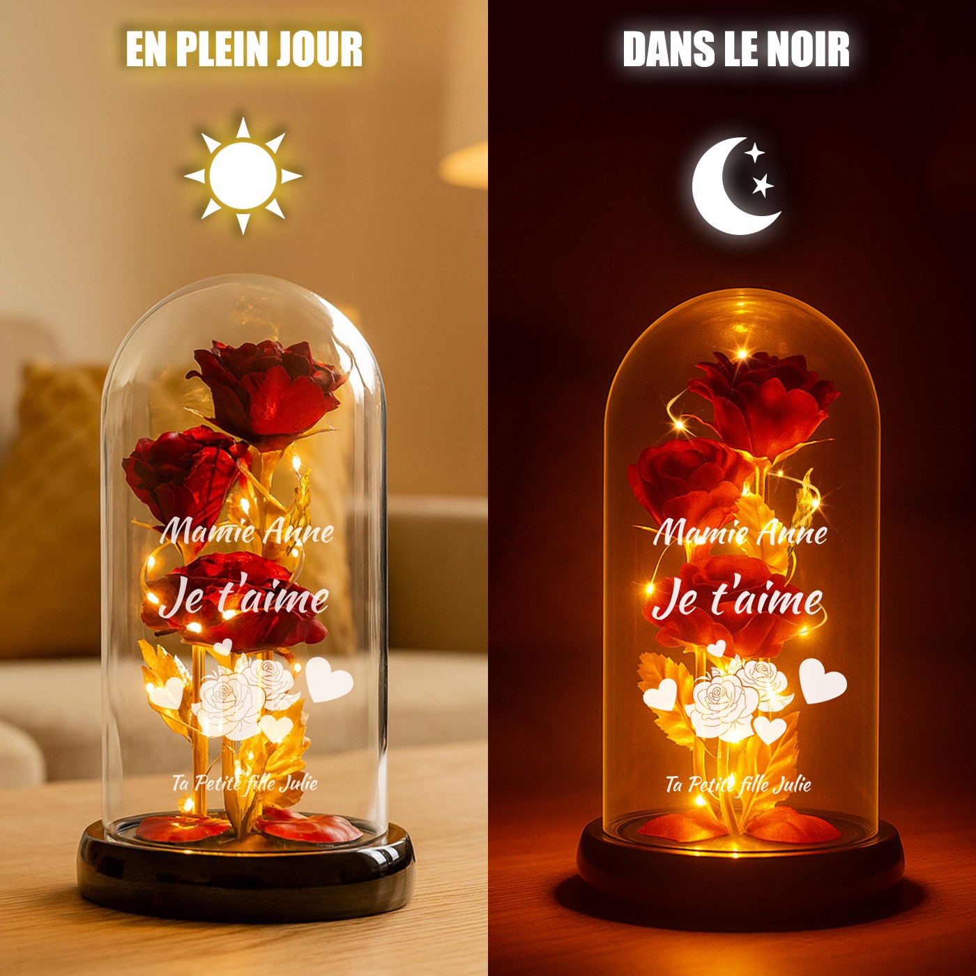 Rose éternelle rouge personnalisée sous cloche en verre avec lumière LED pour la fête des grands-mères