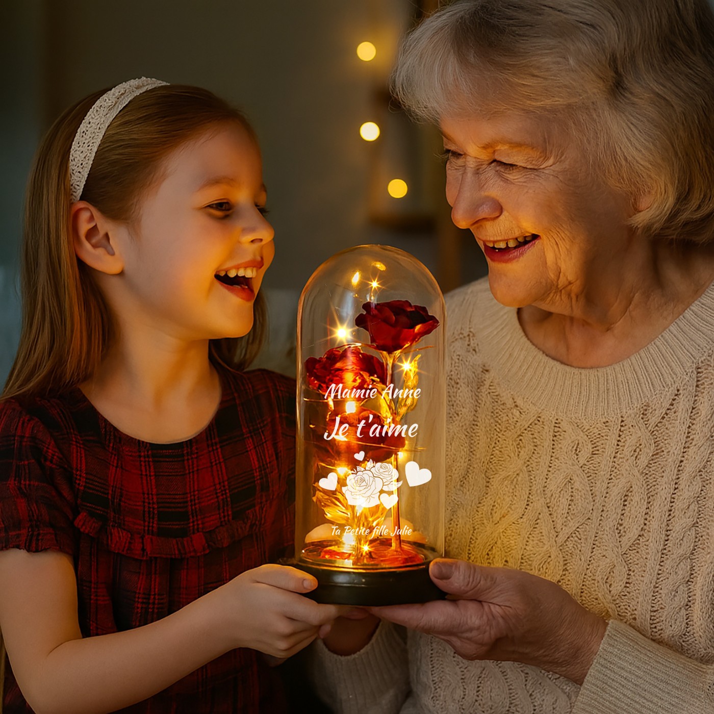 Rose éternelle rouge personnalisée sous cloche en verre avec lumière LED pour la fête des grands-mères