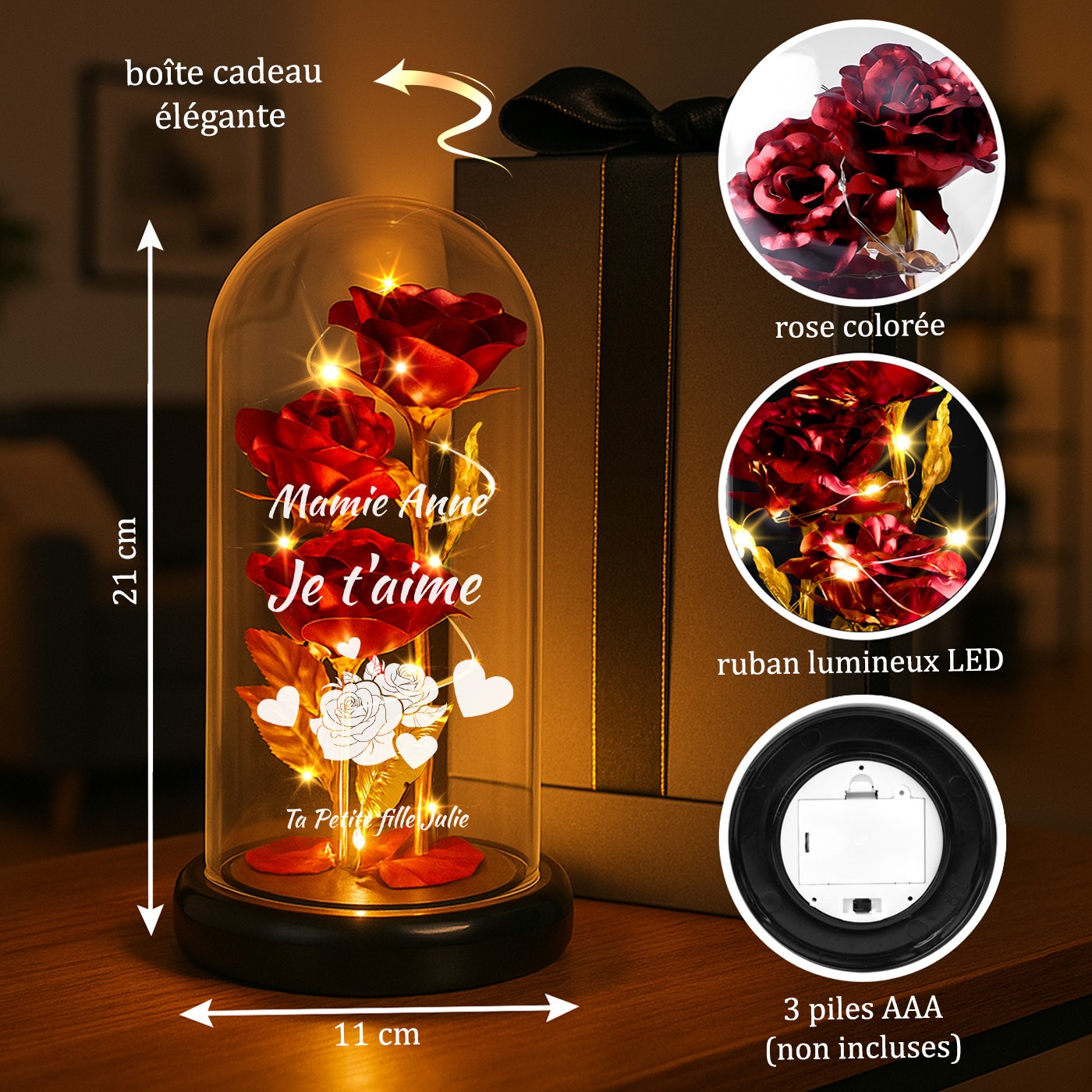 Rose éternelle rouge personnalisée sous cloche en verre avec lumière LED pour la fête des grands-mères