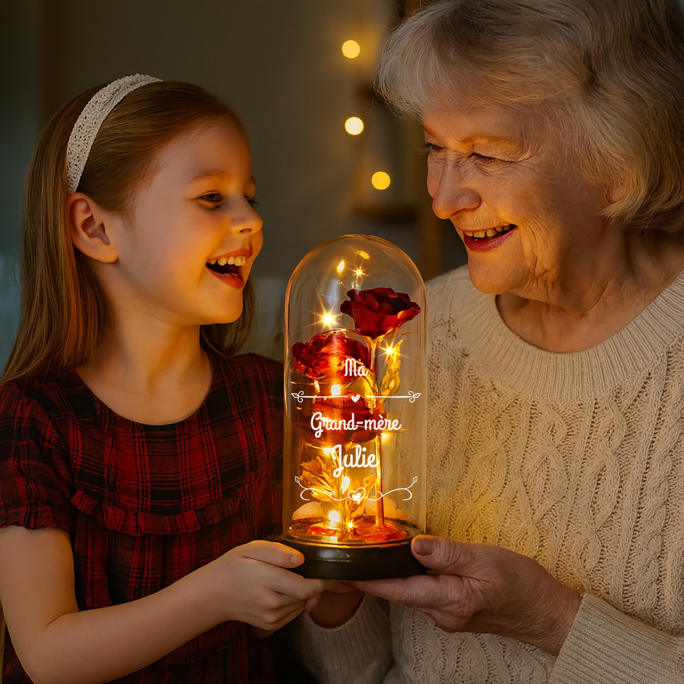 Rosa Eterna Roja bajo Lámpara de Vidrio con Luz LED para el Cumpleaños de una Abuela