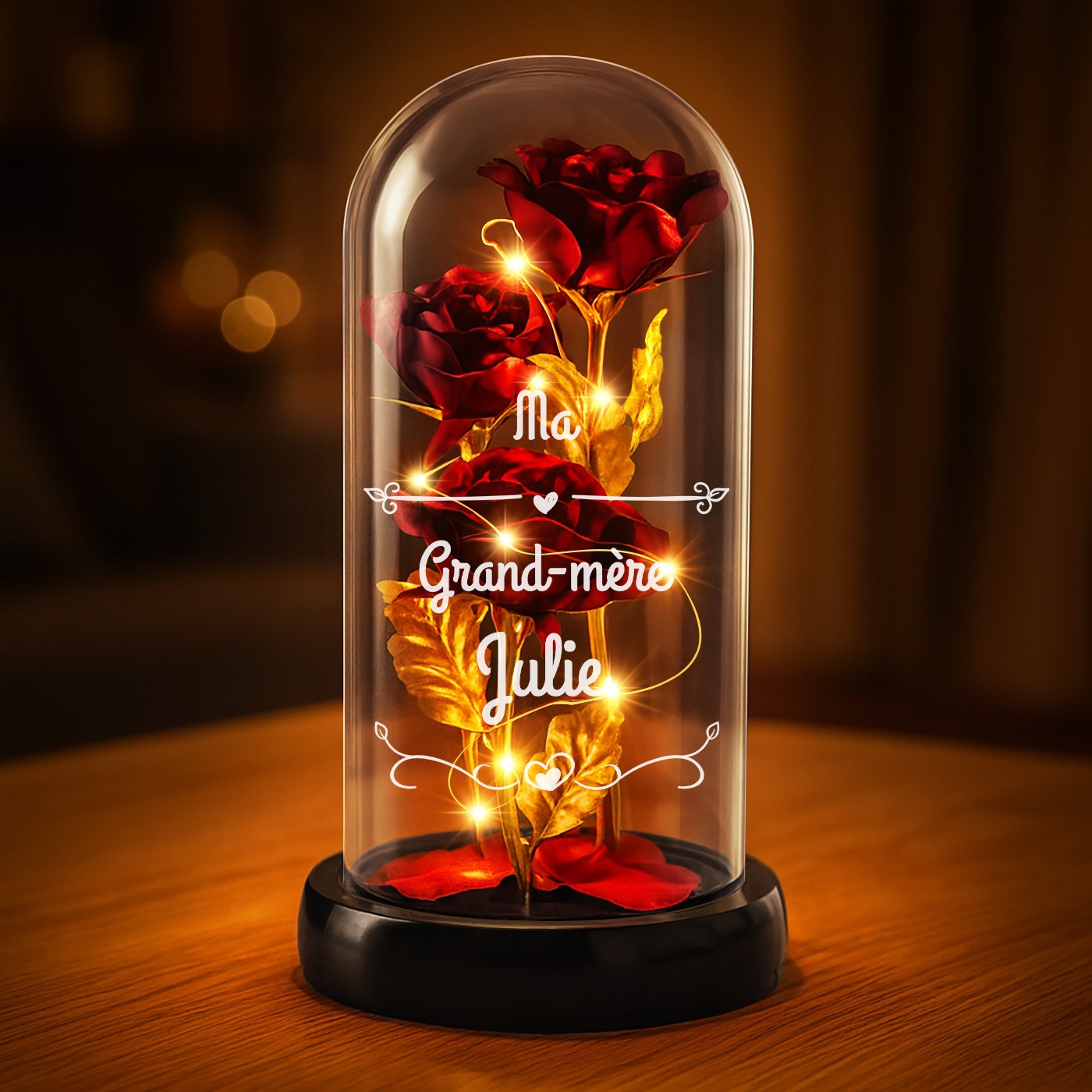 Rosa Eterna Roja bajo Lámpara de Vidrio con Luz LED para el Cumpleaños de una Abuela